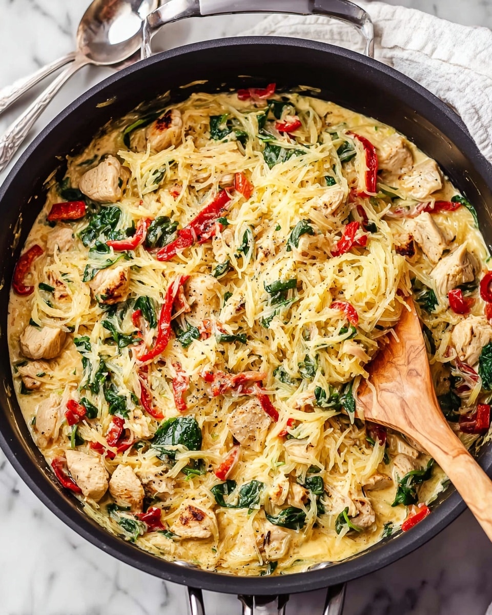 Four white plates each holding a serving of creamy spaghetti pasta form the main focus. The pasta is pale beige, twisted and curled, topped with small pieces of golden-brown cooked chicken and bright red sun-dried or roasted tomato slices scattered around. There are fresh green basil leaves spread on top, adding a vibrant contrast, with thin shreds of off-white Parmesan cheese sprinkled evenly over the dish. A small green bowl filled with more Parmesan cheese sits near the plates. The plates are placed on a gray wooden surface, partially covered by green and white checkered cloth napkins, with a silver fork and knife with dark red handles beside one plate. Near the cutlery is a small bunch of yellow flowers and red berries. The overall scene is lively and inviting. photo taken with an iphone --ar 4:5 --v 7