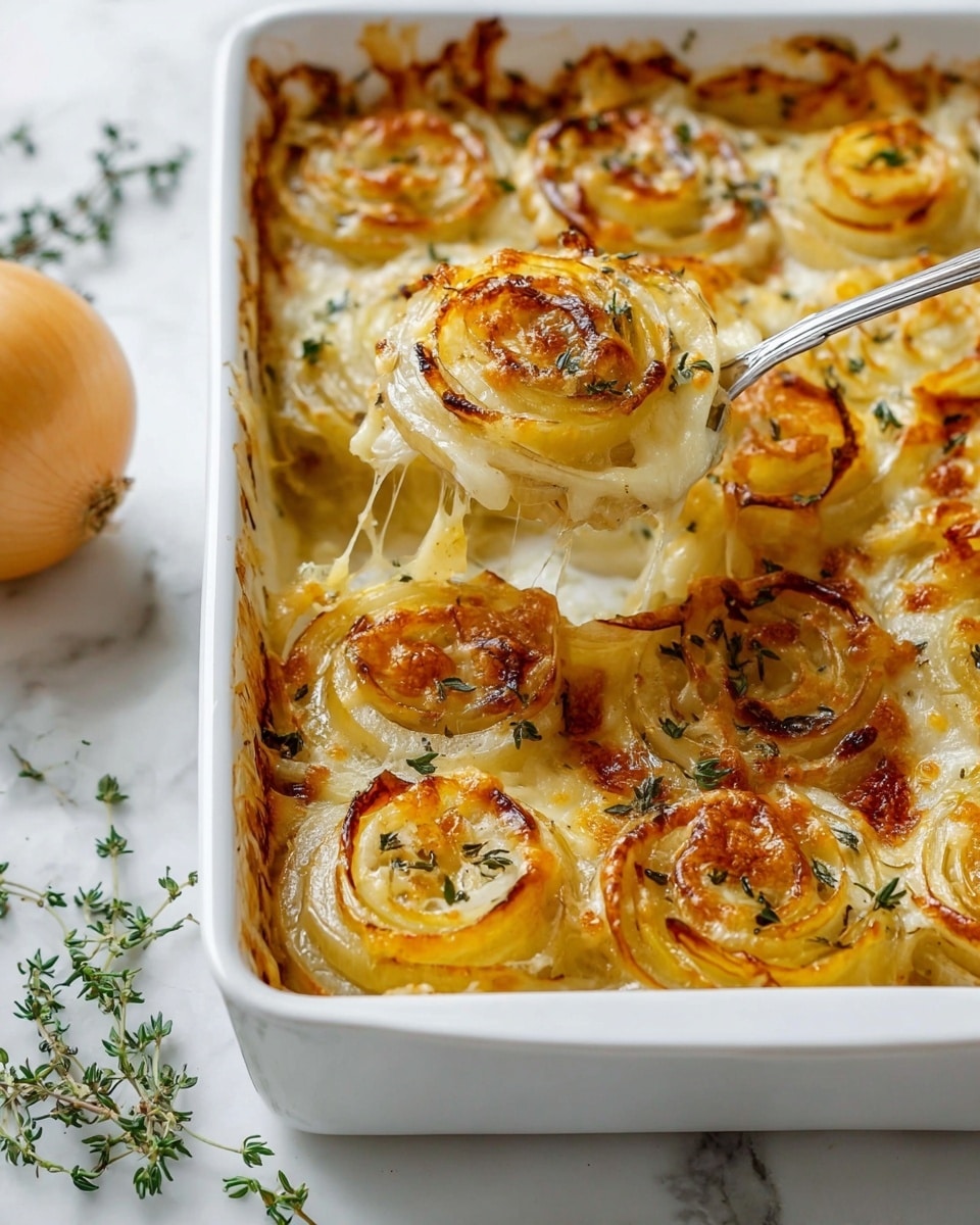 A white rectangular baking dish filled with baked onion gratin sits on a white marbled surface next to fresh thyme sprigs and a whole onion. The dish has several layers of thick onion rings browned on the edges with melted, gooey cheese between each layer. The top layer shows golden-brown cheese melted and slightly crispy, covering the spiraled onion rings. A silver spoon lifts one onion ring slice, showing melted cheese stretching in strings. The onions are soft with a light yellow color, and bits of green herbs are sprinkled on top. Photo taken with an iphone --ar 4:5 --v 7