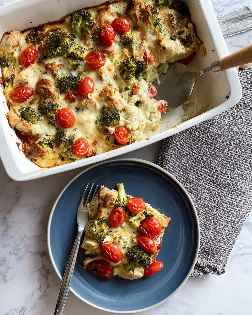 A white rectangular baking dish filled with a layered casserole that has a golden, slightly browned cheese top mixed with green broccoli florets and halved bright red cherry tomatoes scattered evenly throughout; beneath the cheese, you see chunks of light brown cooked chicken and a creamy mixture binding everything together. A metal spatula rests inside the dish with some casserole missing from one corner. Next to the baking dish, a white plate holds a generous serving of the casserole on top of a smaller blue plate, showing the same layers of browned cheese, green broccoli, bright red cherry tomatoes, and chunks of chicken. A fork rests beside the plate on a white marbled surface, and a folded gray and white textured cloth is partially underneath the baking dish. photo taken with an iphone --ar 4:5 --v 7