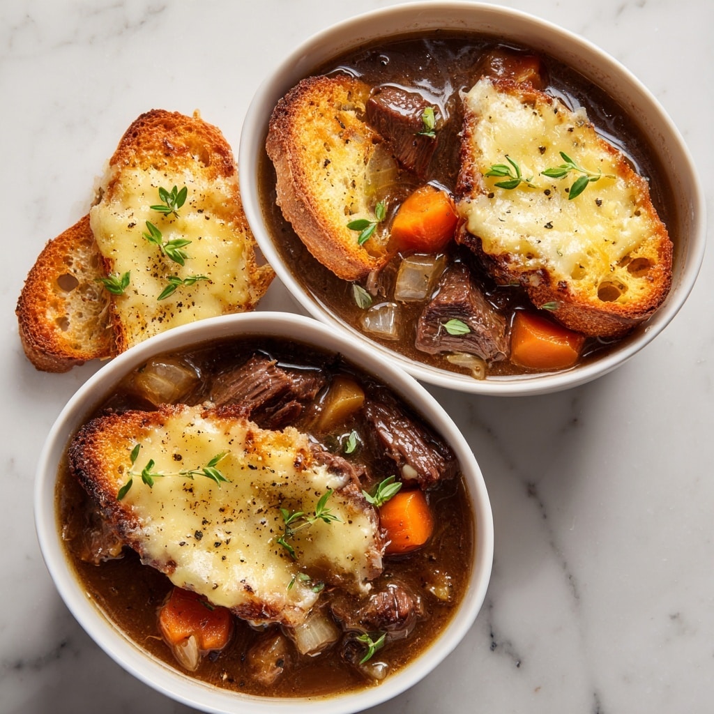 A thick slice of dark brown grilled meat sits on a white plate, topped with a generous layer of melted, slightly browned cheese that drips over the edges, garnished with small green herb pieces. Behind the meat, a piece of lightly toasted bread with a golden crust and airy inside leans on the meat. The plate rests on a white marbled surface, and some brown sauce pools around the meat. photo taken with an iphone --ar 4:5 --v 7