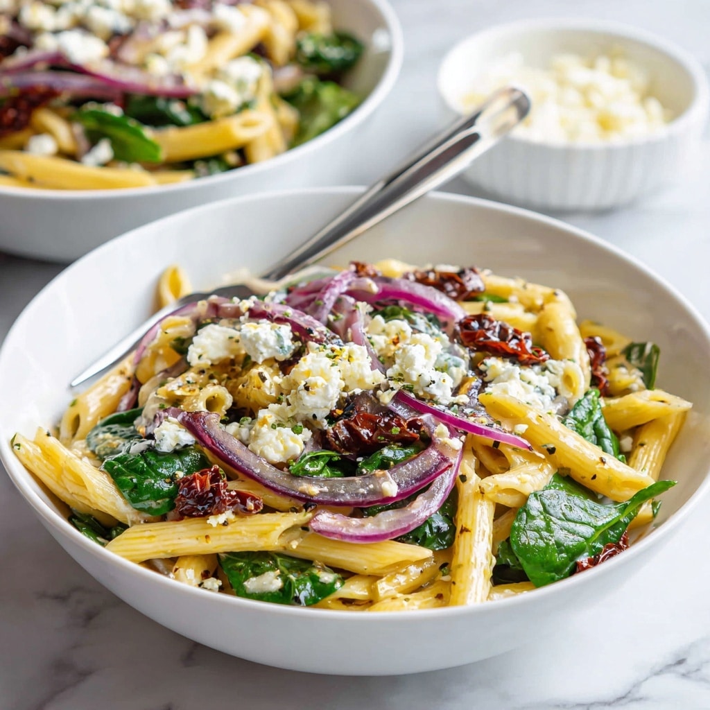 The image shows a black bowl filled with a pasta dish set on a white marbled surface. The bottom layer is fresh green leafy spinach, topped with many short, tube-shaped rigatoni pasta pieces that are pale yellow. Scattered around the pasta are bright red dried cranberries and chunks of soft white cheese. Sprinkled on top are medium-sized pieces of light brown walnuts and a few black pepper flakes, adding texture and color contrast. The food looks fresh and colorful, with a mix of soft, crunchy, and chewy textures. Photo taken with an iphone --ar 4:5 --v 7