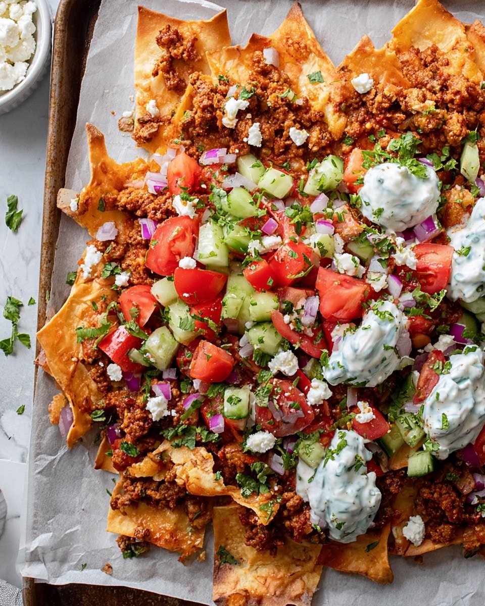 A white bowl lined with white parchment paper holds a layered dish starting with a base of crispy golden pita chips. On top, there are dollops of creamy beige hummus scattered unevenly, mixed with small chunks of bright red cherry tomatoes cut in halves and fresh green cucumber pieces. Crumbled white feta cheese is sprinkled abundantly over the dish, along with sliced black olives and bits of finely chopped red onion. Fresh green herbs are scattered throughout, adding a touch of color and freshness. A woman's hand is seen lifting the bowl slightly from a white marbled surface. Photo taken with an iphone --ar 4:5 --v 7