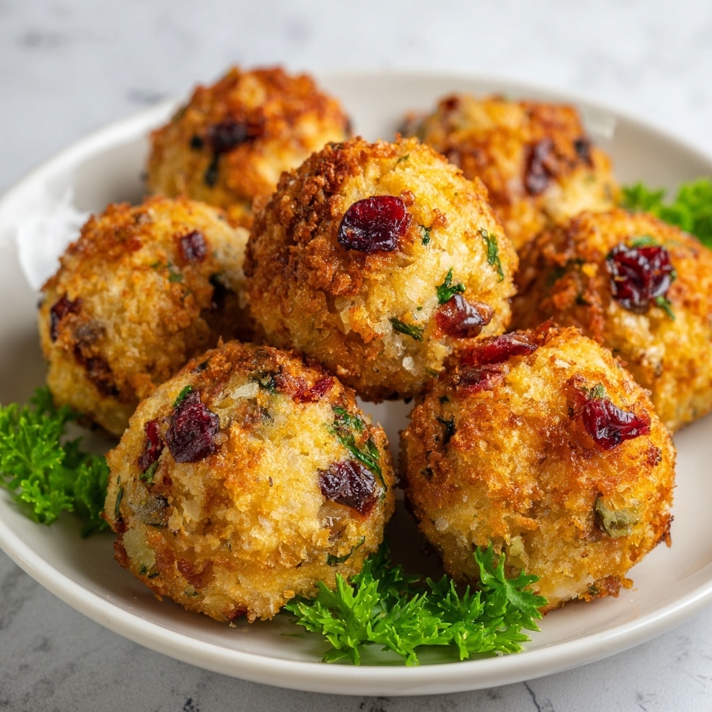 The image shows a group of round, golden-brown balls with a crispy texture on the outside. Each ball has visible small pieces inside, including red dried cranberries, green herbs, and small bits of other ingredients, giving it a colorful look. The balls are placed closely together on a white plate with a shiny surface, and there is a green leafy garnish on one side of the plate. The background is a white marbled texture. The overall look is warm and inviting, with good light highlighting the texture and colors of the balls. photo taken with an iphone --ar 4:5 --v 7