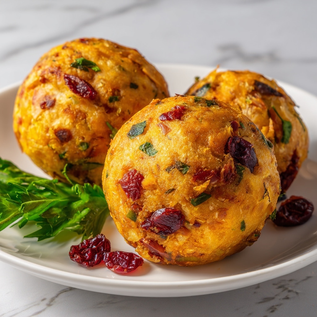 The image shows a close-up of several golden-brown crispy rice cakes with a rough texture, each studded with small chopped green herbs and red cranberries scattered throughout the cakes. The cakes have a slightly crusty outer layer with a soft, light-colored inside visible in some parts. Small green herb sprigs are sprinkled on top for garnish. The rice cakes are arranged close together on a plain white plate set on a white marbled surface. The focus is sharp on the front cakes while the background is softly blurred. photo taken with an iphone --ar 4:5 --v 7