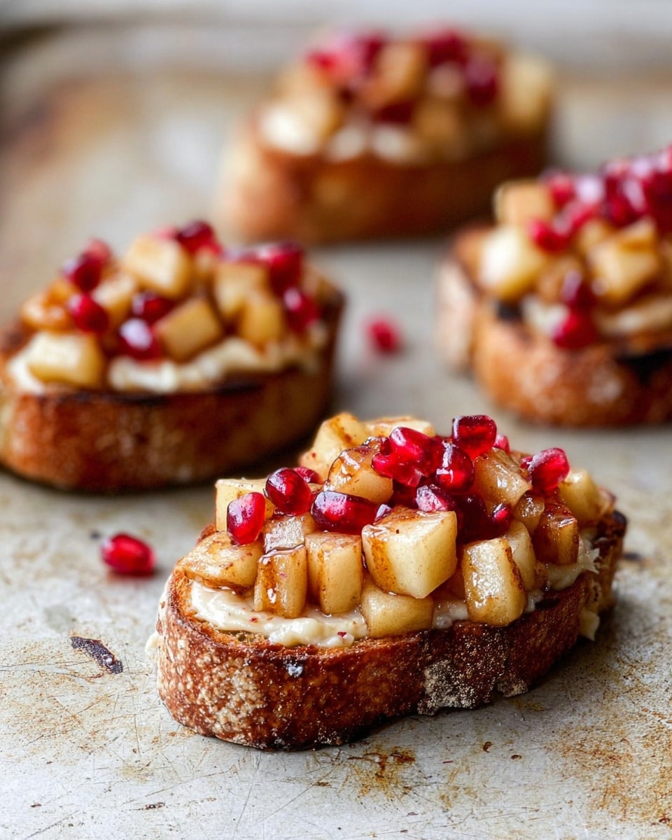 The image shows four pieces of toasted bread with a rough, golden-brown crust and a soft, white inside. Each toast is topped with a spread of creamy light beige cheese, followed by a layer of small, golden-brown cooked apple cubes mixed with cinnamon, giving a slightly glossy look. Bright red pomegranate seeds are scattered on top of the apple pieces, adding color contrast. These toasts sit directly on a worn, rustic surface but will be imagined on a white marbled texture. The focus is on the nearest toast with others slightly blurred in the background. photo taken with an iphone --ar 4:5 --v 7