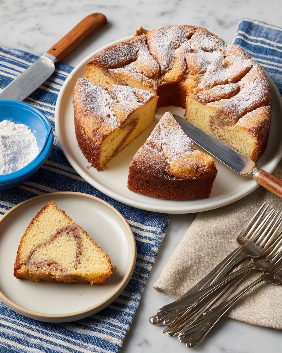A round metal bundt pan filled with thinly sliced apple pieces arranged in a loose, even layer, sprinkled with brown cinnamon powder, creating a warm, speckled texture on top. The apples have a pale cream color with touches of light brown from the cinnamon. To the left of the pan, there is a white bowl with thick beige batter inside and a wooden spatula resting in it. To the right, a clear glass bowl with traces of cinnamon sits empty. The whole scene is set on a white marbled surface with a mustard-yellow spice container above the pan. photo taken with an iphone --ar 4:5 --v 7
