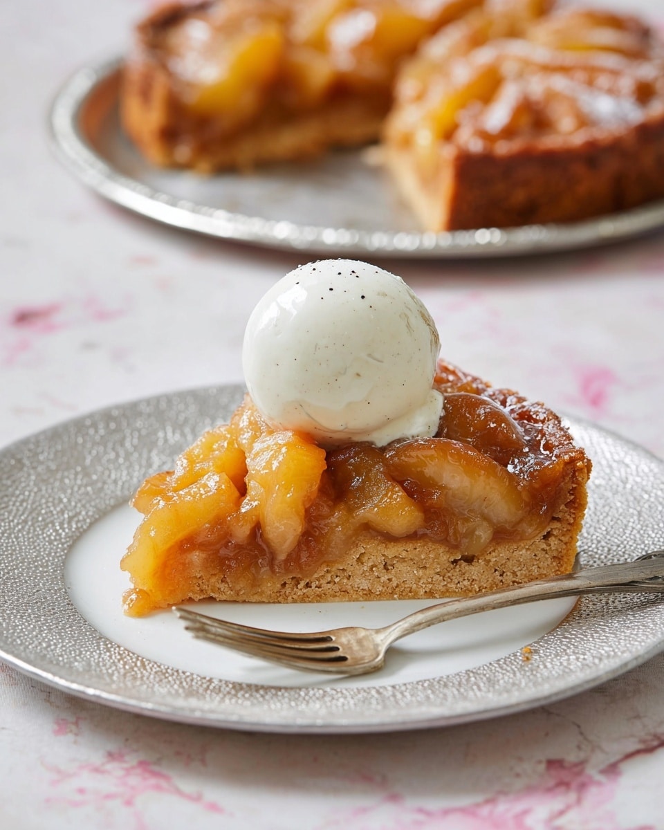 The image shows a round apple upside-down cake on an ornate silver tray. The cake has a golden brown base layer with a caramelized top layer of cooked apple slices arranged in a circular pattern. On top of the cake are three white scoops of vanilla ice cream, slightly melting and creating a glossy texture near the edges. A slice of the cake is missing, revealing the dense and moist inside. In the background, there is a white marbled surface, a second clear plate with another cake slice, and two silver forks lying nearby. photo taken with an iphone --ar 4:5 --v 7