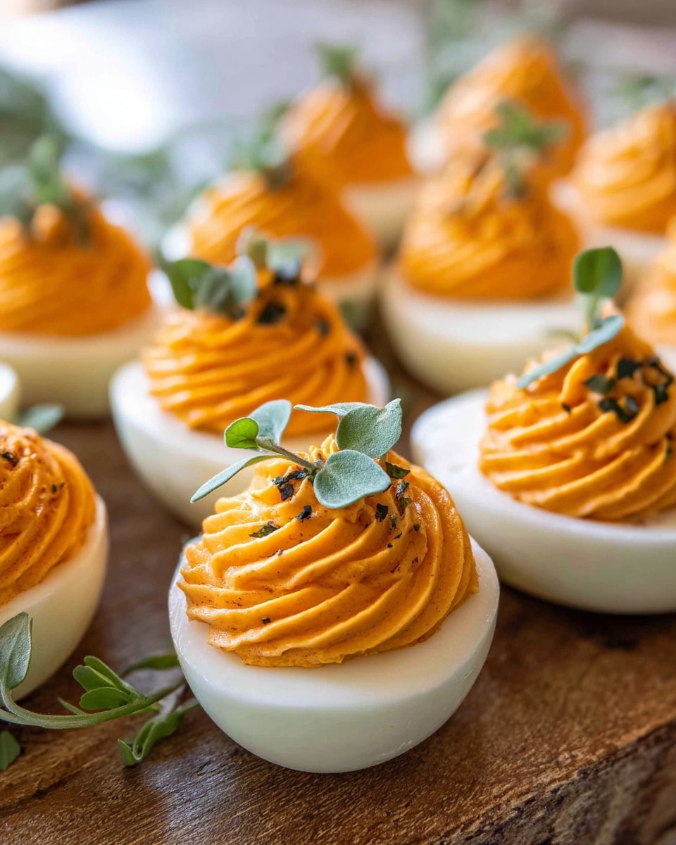 A wooden round board with multiple white hard-boiled egg halves arranged in neat rows. Each egg half has a smooth, bright white outer layer and is topped with a swirl of orange filling, which has a creamy texture with ridges from piping. A small green herb leaf is placed on top of the orange filling on each egg, adding a fresh touch of green. The board is set on a white marbled surface, and blurred glass containers with liquid are in the background. Photo taken with an iphone --ar 4:5 --v 7
