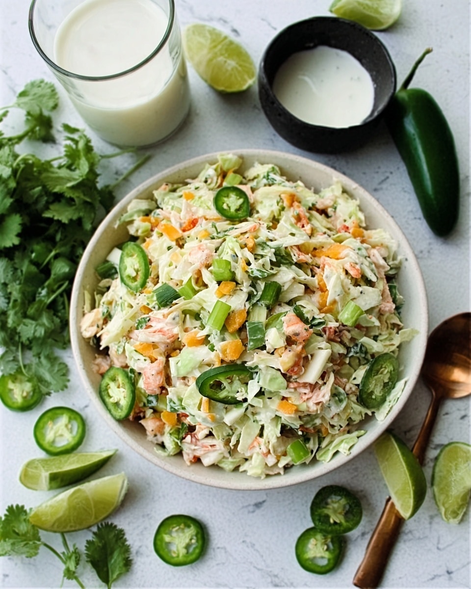 A single slice of light brown bread with a soft, slightly crusty texture is topped generously with a creamy salad mixture that includes shredded pale chicken, small green celery pieces, white cottage cheese curds, shredded light yellow cheddar cheese, and small red bacon bits, sitting on a white marbled surface. In the background, there is a white bowl filled with more of the same salad, a silver spoon partially visible inside it. Bright green sliced jalapeño and a halved lime rest nearby, along with scattered fresh green cilantro leaves. The image is softly lit with a fresh, natural look. photo taken with an iphone --ar 4:5 --v 7