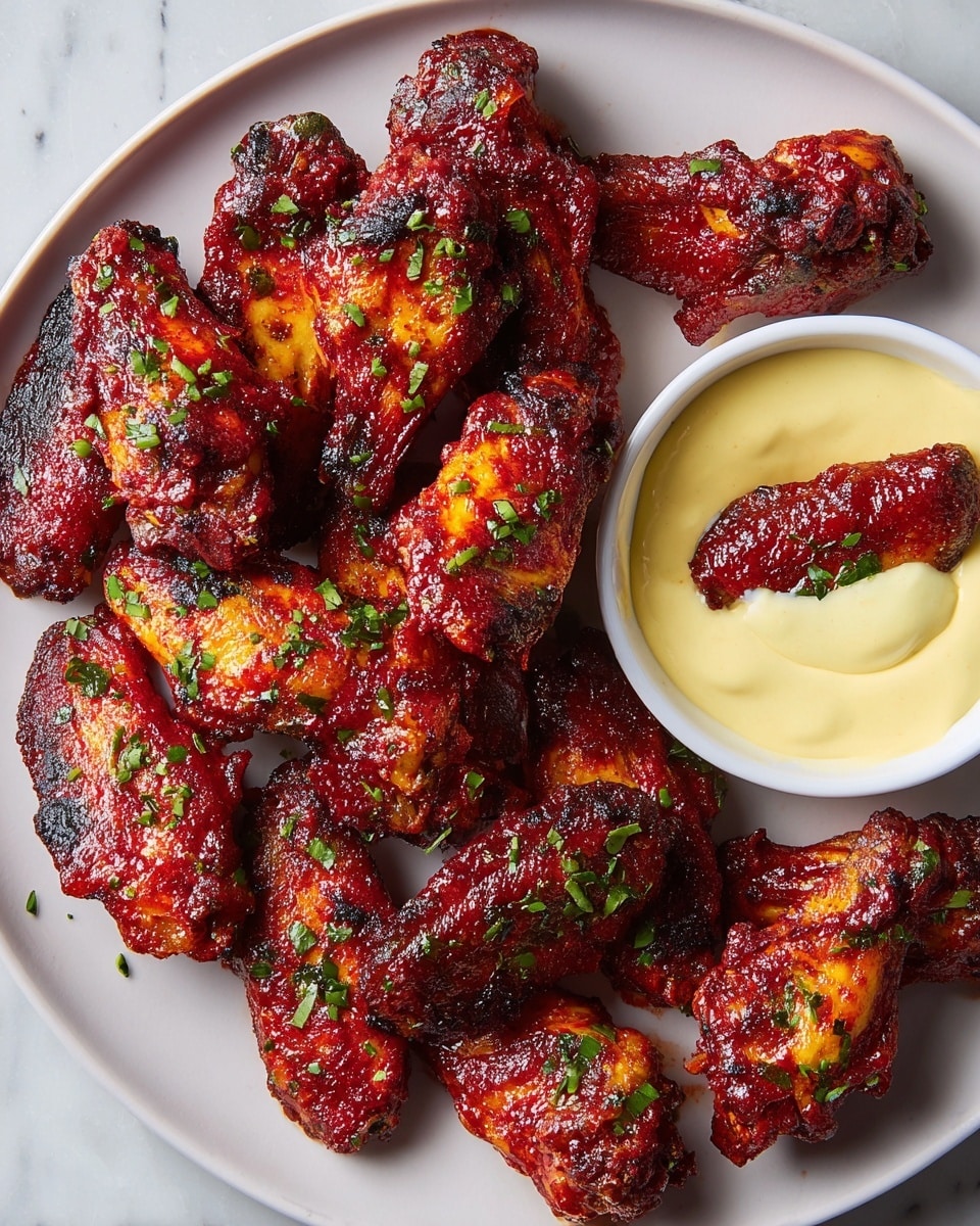 A white plate filled with around twelve dark red, saucy chicken wings that are charred at the edges, each topped with small pieces of chopped green herbs. On the right side of the plate, there is a white round bowl filled with light yellow creamy sauce, and one chicken wing partially dipped in the sauce with some sauce on top. The plate sits on a white marbled surface. photo taken with an iphone --ar 4:5 --v 7