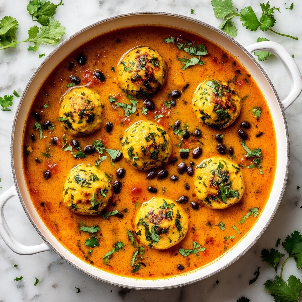 A dark brown bowl filled with a thick, orange-colored soup with visible pieces of red tomatoes and small black olives, topped with five light yellow biscuit-like dumplings sprinkled with green herbs, sitting on a white marbled surface with some green herbs scattered around, photo taken with an iphone --ar 4:5 --v 7