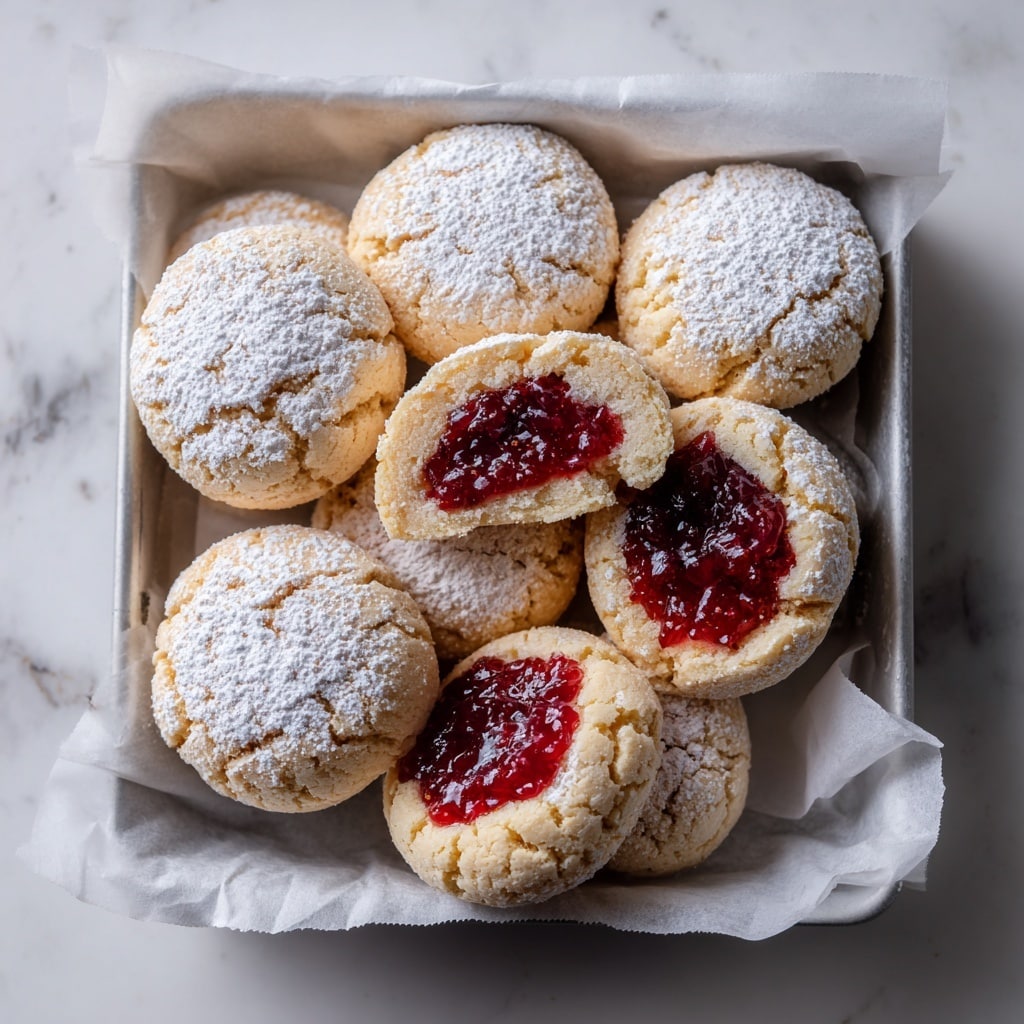 A white plate holds several small round cookies covered in white powdered sugar. One cookie is broken in half and placed on top, showing a bright red jam filling inside. Two fresh raspberries, also dusted with powdered sugar, sit in front of the cookies. The plate rests on a white marbled surface, and the background shows blurred Christmas lights and green pine branches. photo taken with an iphone --ar 4:5 --v 7