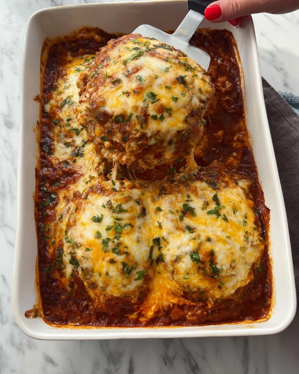 A white baking dish contains two large, round portions of a layered baked dish topped with melted, golden-brown cheese sprinkled with chopped green herbs. The base layer is a thick, rich, dark red sauce that surrounds the cheesy layers. The top cheese layer is bubbly and slightly browned, with a mix of white and orange-yellow colors, showing a soft and gooey texture beneath. A woman's hand with red nail polish is lifting one piece with a metal spatula, revealing the dense, cheesy stuffing underneath. The background is a white marbled surface. Photo taken with an iphone --ar 4:5 --v 7