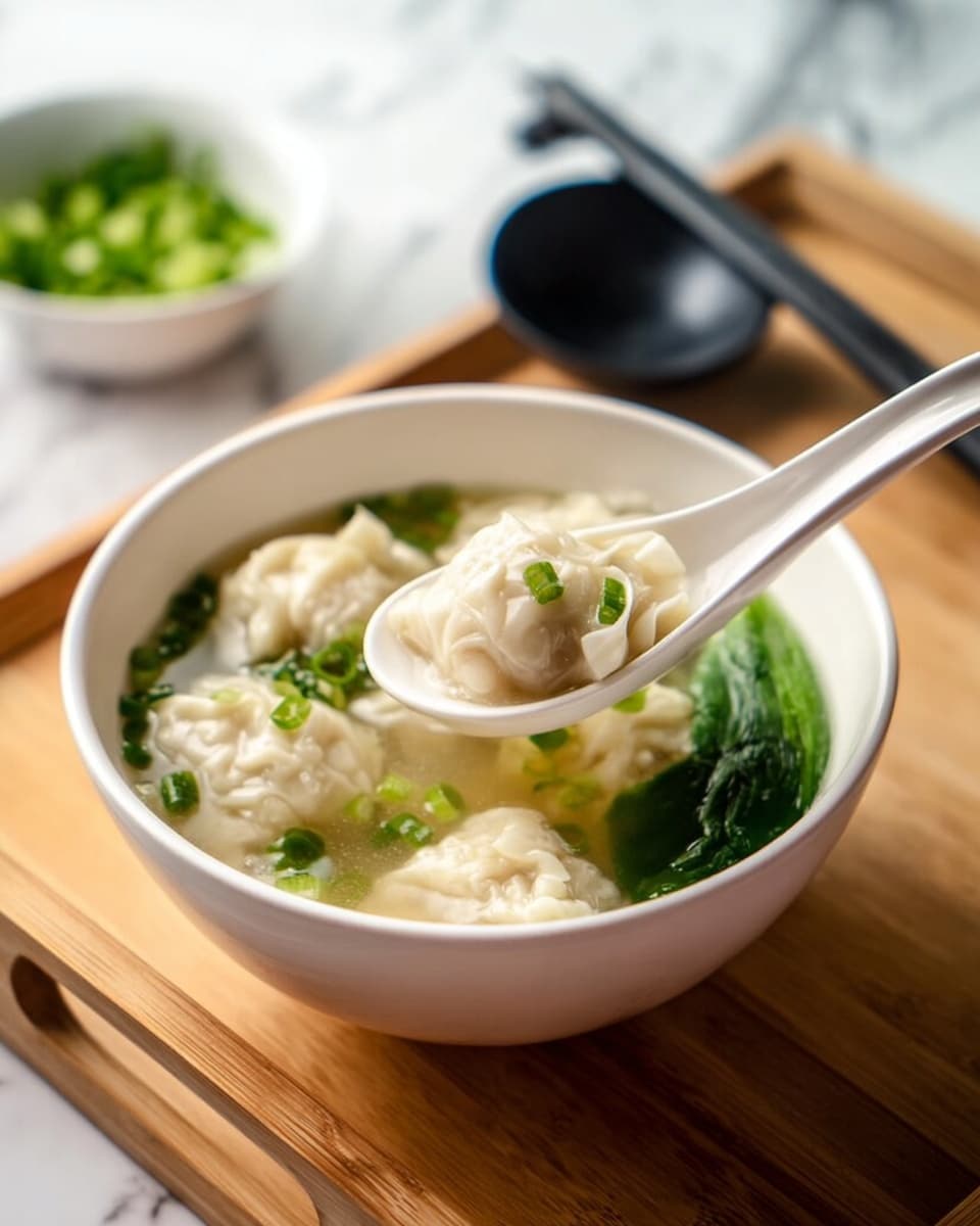 A white bowl filled with clear broth contains five plump dumplings with soft, wrinkled skin and chopped green onions sprinkled on top. Bright green leafy vegetables sit at the edge of the bowl, adding a fresh color contrast. A white ceramic spoon is lifting one dumpling from the bowl, showing the dumpling's tender texture and the clear soup beneath. The bowl is placed on a light wooden tray, with a black ladle resting nearby and a blurred white bowl holding chopped green onions in the background. The setting is on a white marbled surface. Photo taken with an iphone --ar 4:5 --v 7
