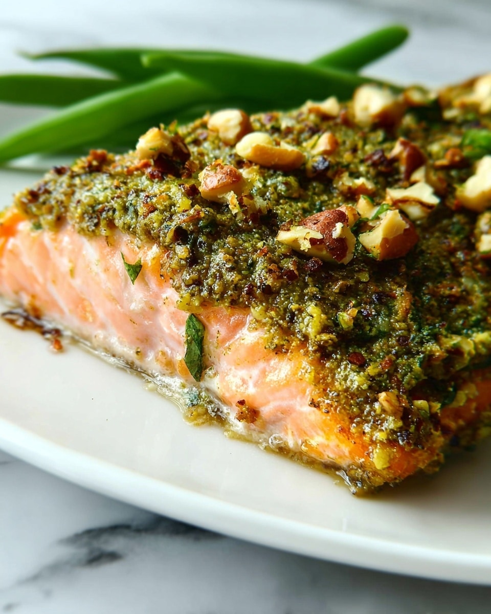 The image shows a piece of cooked salmon with a thick crust of greenish seasoning that contains chopped nuts and herbs on top. The salmon's flesh below the crust is light orange-pink and flaky, with a slight glaze. On the edge of the white plate, there are two fresh green beans partially visible, adding a fresh green contrast. The plate is set on a white marbled surface. photo taken with an iphone --ar 4:5 --v 7