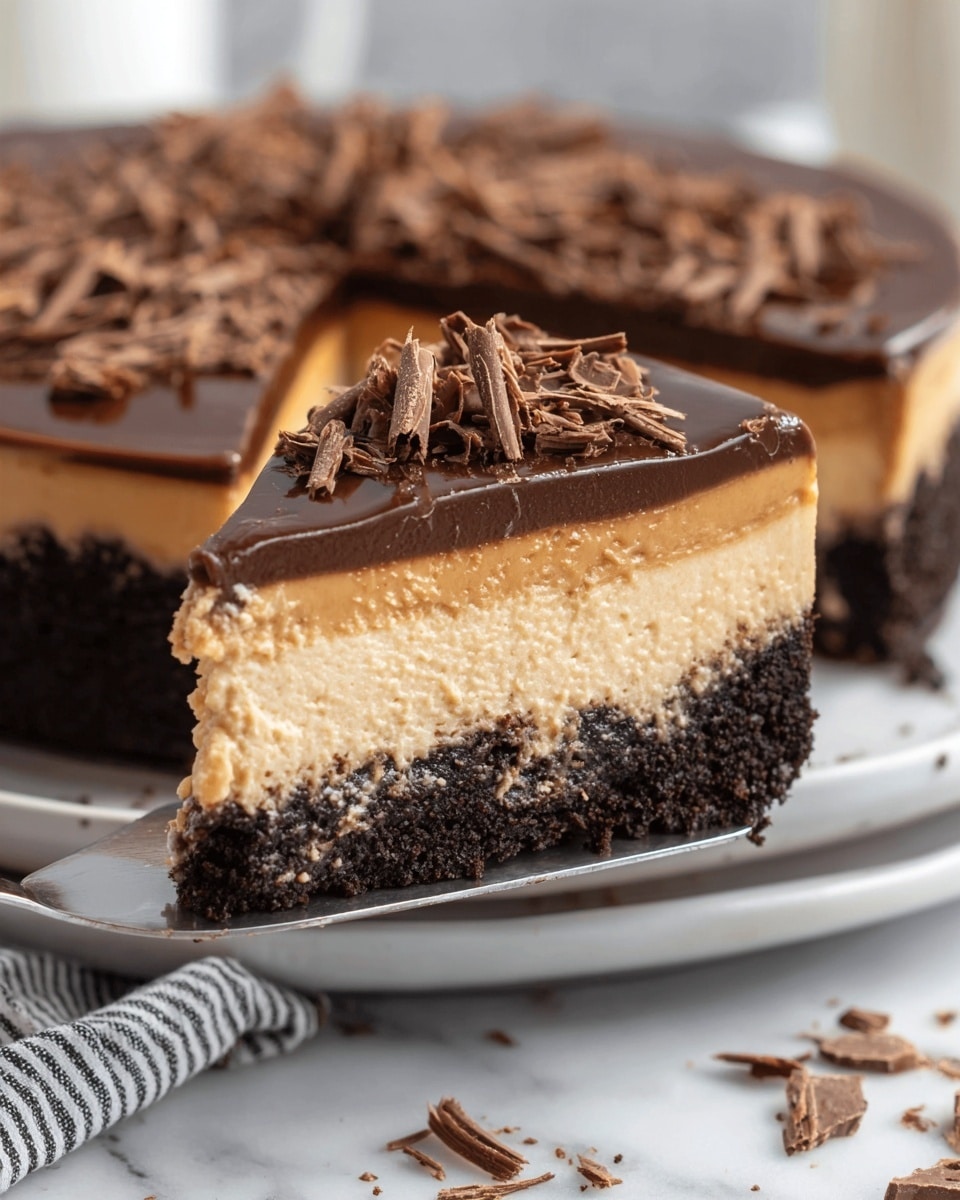 A close-up of a slice of layered dessert being lifted with a spatula from a whole round cake on a white plate. The cake has three clear layers: a thick, dark crumbly chocolate crust forming the sides and base; a smooth, creamy light tan middle layer with a soft texture; and a glossy, dark chocolate ganache layer on top, sprinkled with thin, curled chocolate shavings. The background and surface beneath are a white marbled texture with some scattered chocolate shavings and a striped cloth partially visible. Photo taken with an iphone --ar 4:5 --v 7