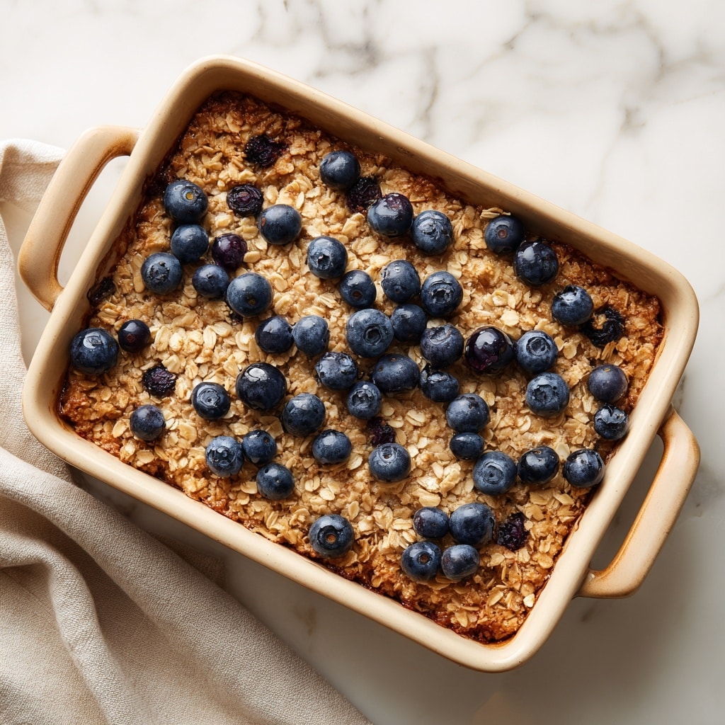 A beige baking dish holds a baked oatmeal dish with a golden brown crust. The top layer is filled with whole blueberries, scattered evenly, giving small pops of deep blue and purple color, while the oatmeal around them is textured with visible oats and bits of chopped nuts, creating a rough, chunky surface. The inside, where a portion has been scooped out with a silver spoon resting on the right edge, reveals a moist, soft interior that contrasts with the crisp top. The dish is placed on a white marbled surface, and a white plate with a few blueberries and a woman's hand holding a spoon is partly shown at the bottom right. Photo taken with an iphone --ar 4:5 --v 7