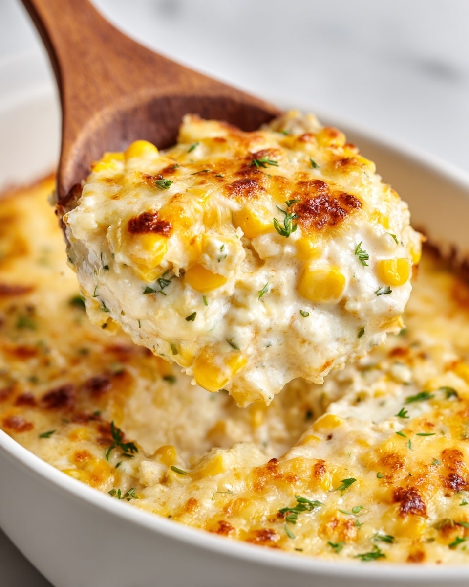 The image shows a close-up of a creamy corn casserole with a golden brown crunchy topping. The dish has one thick layer filled with yellow corn kernels mixed in white creamy sauce, topped with a browned, crumbly texture with small bits of green herbs. The casserole is placed on a white plate with delicate embossed edges, sitting on a white marbled surface. Photo taken with an iphone --ar 4:5 --v 7