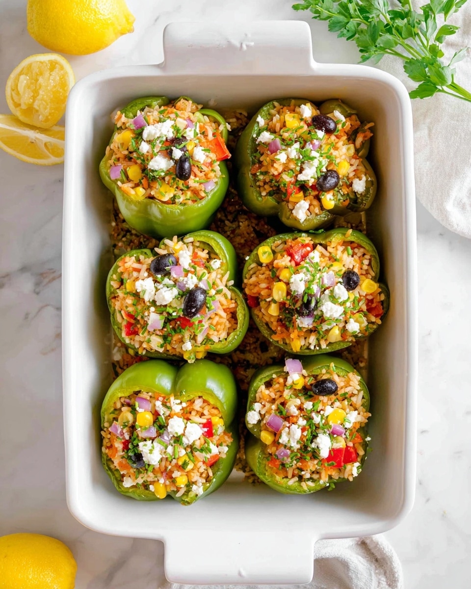 A white baking dish shows six green bell pepper halves arranged neatly in two rows, each stuffed with a colorful mixture of white rice, orange-red diced tomatoes, yellow corn, chopped purple onions, and small dark olives. On top, there are small chunks of white cheese and some green herbs sprinkled evenly for garnish. The dish is placed on a white marbled surface with halved lemons and some green herbs nearby, adding a fresh and bright atmosphere. Photo taken with an iphone --ar 4:5 --v 7