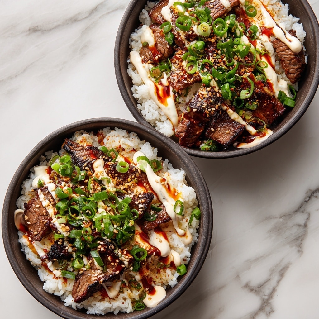 A white bowl filled with a bed of white rice at the bottom, topped with several slices of grilled steak arranged in layers, showing a dark charred outside and pink inside. The steak slices are covered with a creamy orange sauce, drizzled evenly, and sprinkled with chopped green herbs on top. The bowl is placed on a white marbled surface. Photo taken with an iphone --ar 4:5 --v 7