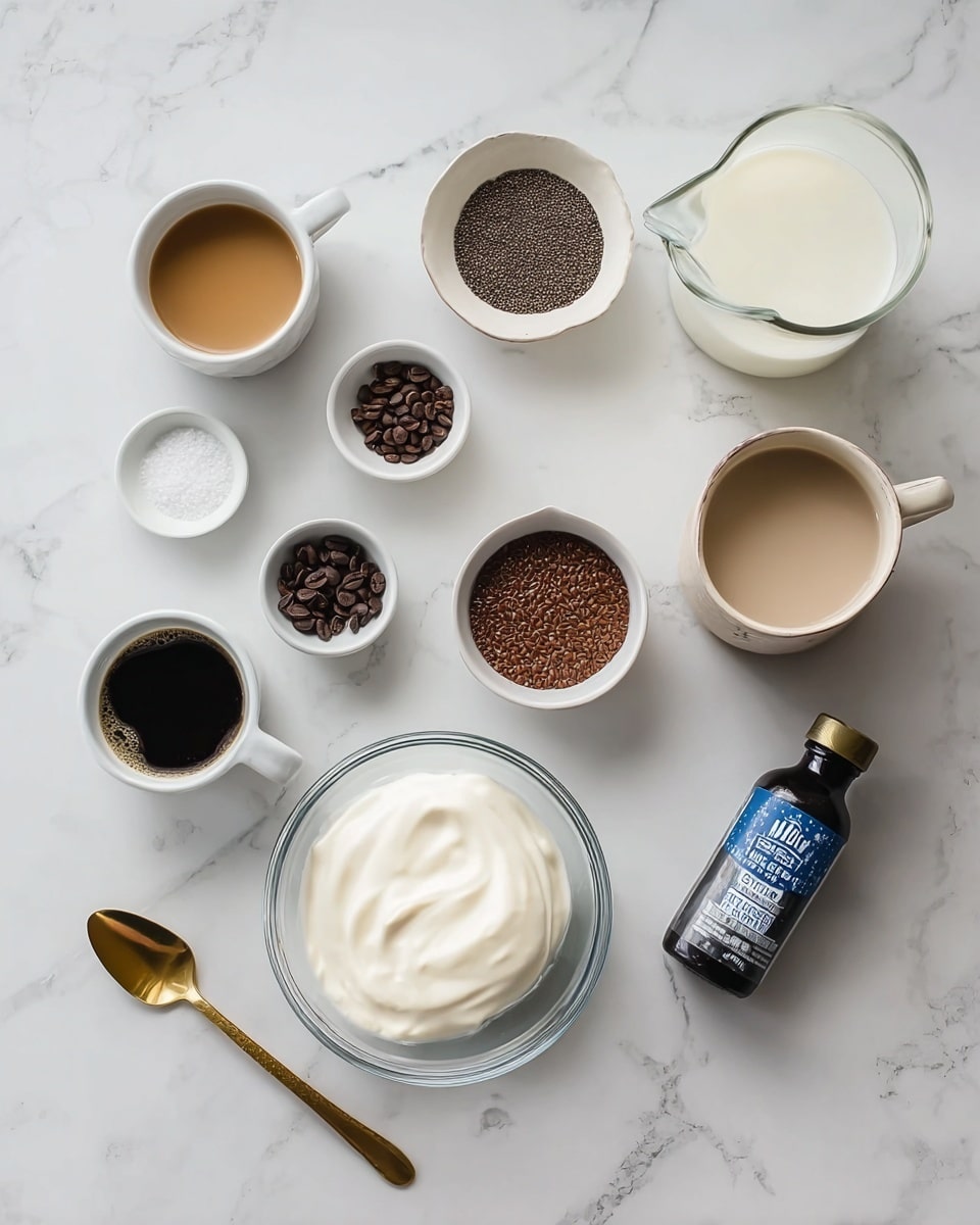 Two small clear glass jars filled with a light beige chia pudding layer with tiny dark chia seeds evenly spread throughout. Each jar has a thick, white creamy layer on top, sprinkled with small dark chocolate shavings. A cinnamon stick is placed upright in the creamy layer of each jar. The jars are set on a white marbled surface with small chocolate crumbs scattered around. In the front left corner is a heart-shaped dark brown cookie with a rough texture. A soft, light beige cloth is partially visible in the blurred background. photo taken with an iphone --ar 4:5 --v 7