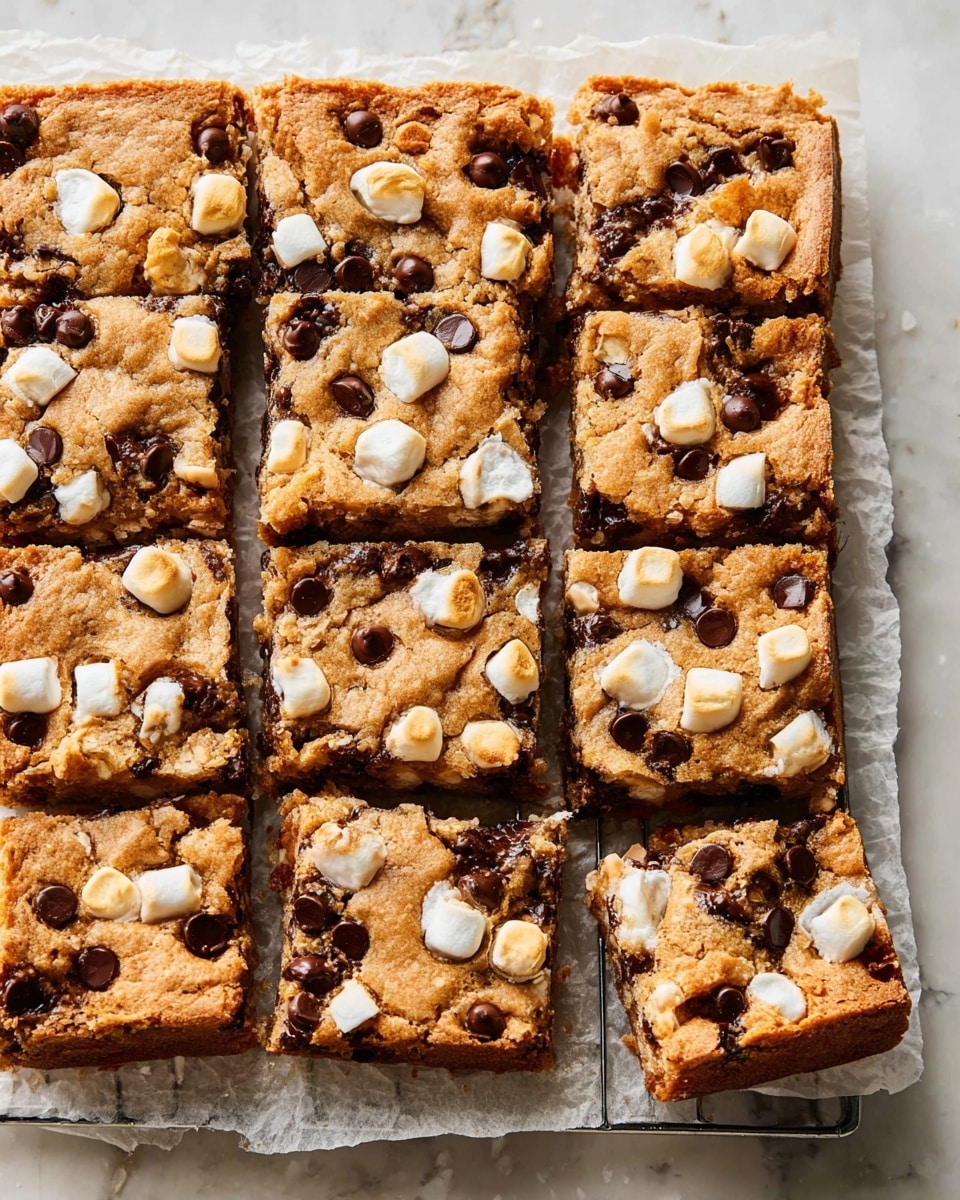 The image shows a stack of three square dessert bars that have three clear layers: the bottom layer is a golden brown, crumbly cookie base; the middle layer is white and fluffy with visible melted marshmallows; and the top layer is crumbly cookie dough with large dark chocolate chips scattered throughout. The bars have a rough, textured surface with gooey white marshmallow mixed with rich chocolate chunks inside. They are placed on white parchment paper over a white marbled surface. Around the stack, more pieces of the same bars are scattered in a blurred background, giving a cozy and inviting look. Photo taken with an iphone --ar 4:5 --v 7