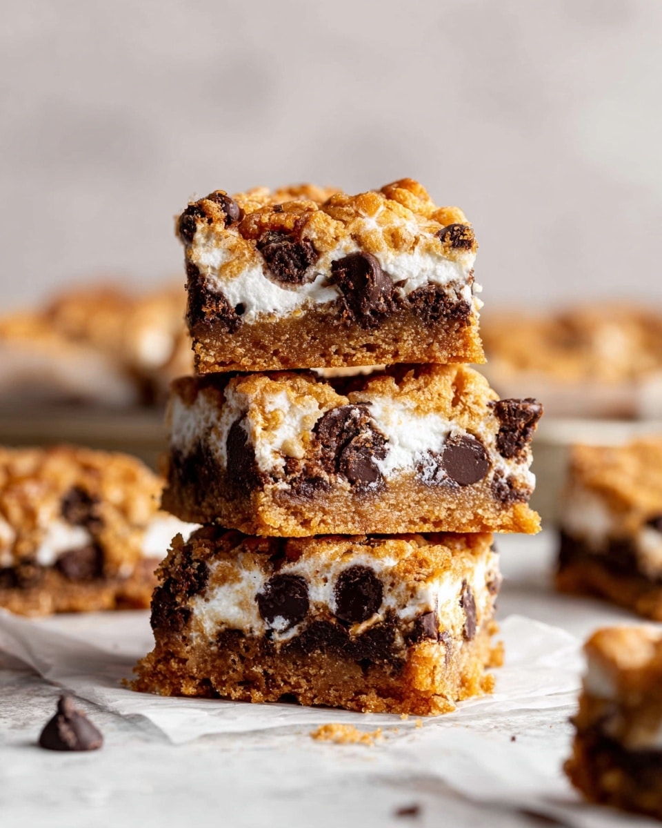The image shows a batch of nine square blondies arranged on white parchment paper over a cooling rack, placed on a white marbled surface. Each blondie has a light brown, slightly cracked top layer with a firm and chewy texture. The top is studded with scattered dark chocolate chips that are slightly melted, and small toasted marshmallows that are puffed and creamy white with light golden-brown spots. The edges of the blondies are more baked and slightly darker. The inside appears soft and dense with spots of gooey chocolate. Photo taken with an iphone --ar 4:5 --v 7
