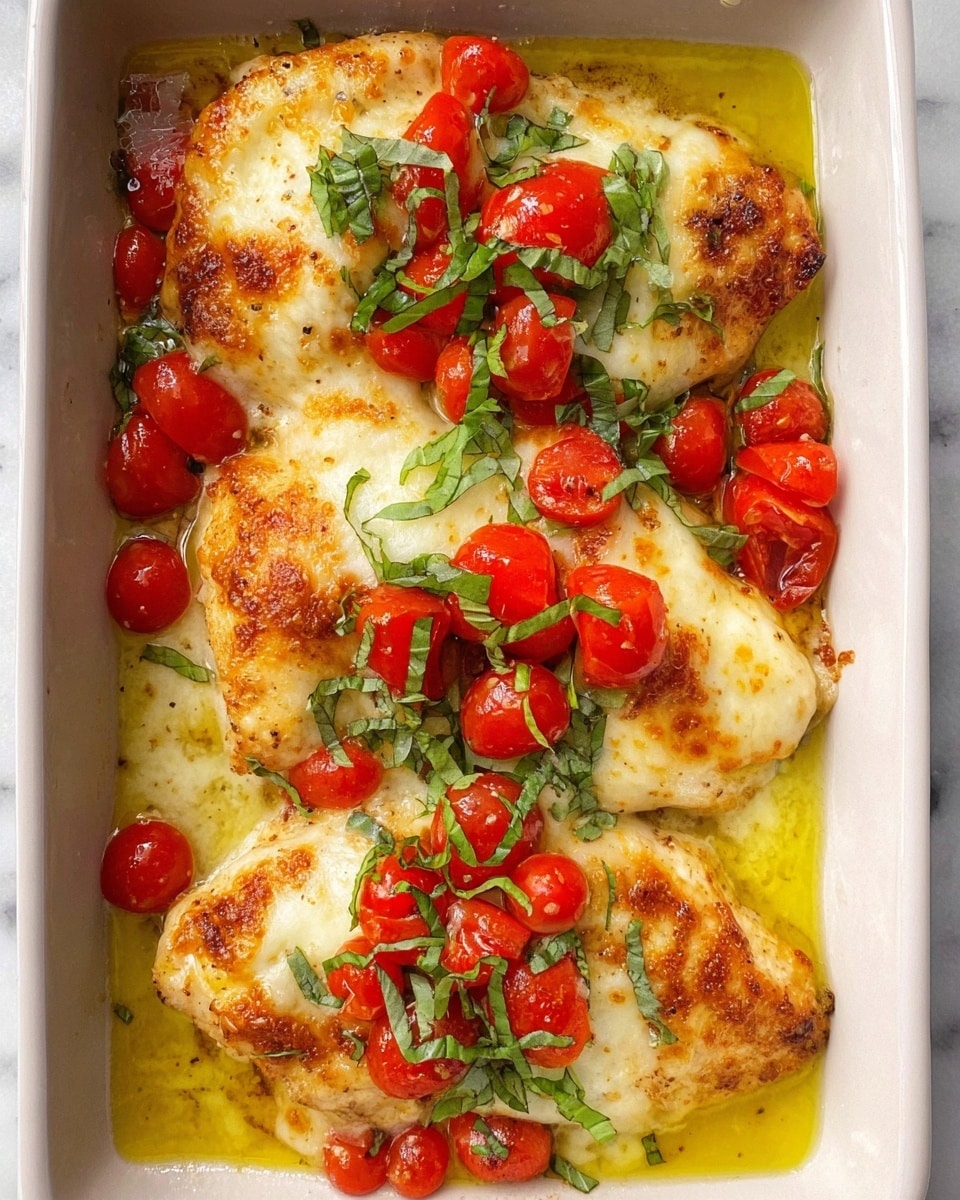 A white rectangular dish holds four pieces of baked chicken breasts covered in a golden-brown melted cheese layer, uneven and stretchy in texture, with slightly crisp edges. On top, there is a scattered layer of chopped bright red cherry tomatoes and thinly sliced fresh green basil leaves, adding vibrant color contrast. The chicken sits in a pool of yellow olive oil, visible around the edges, giving a shiny effect. The background is a white marbled texture. photo taken with an iphone --ar 4:5 --v 7