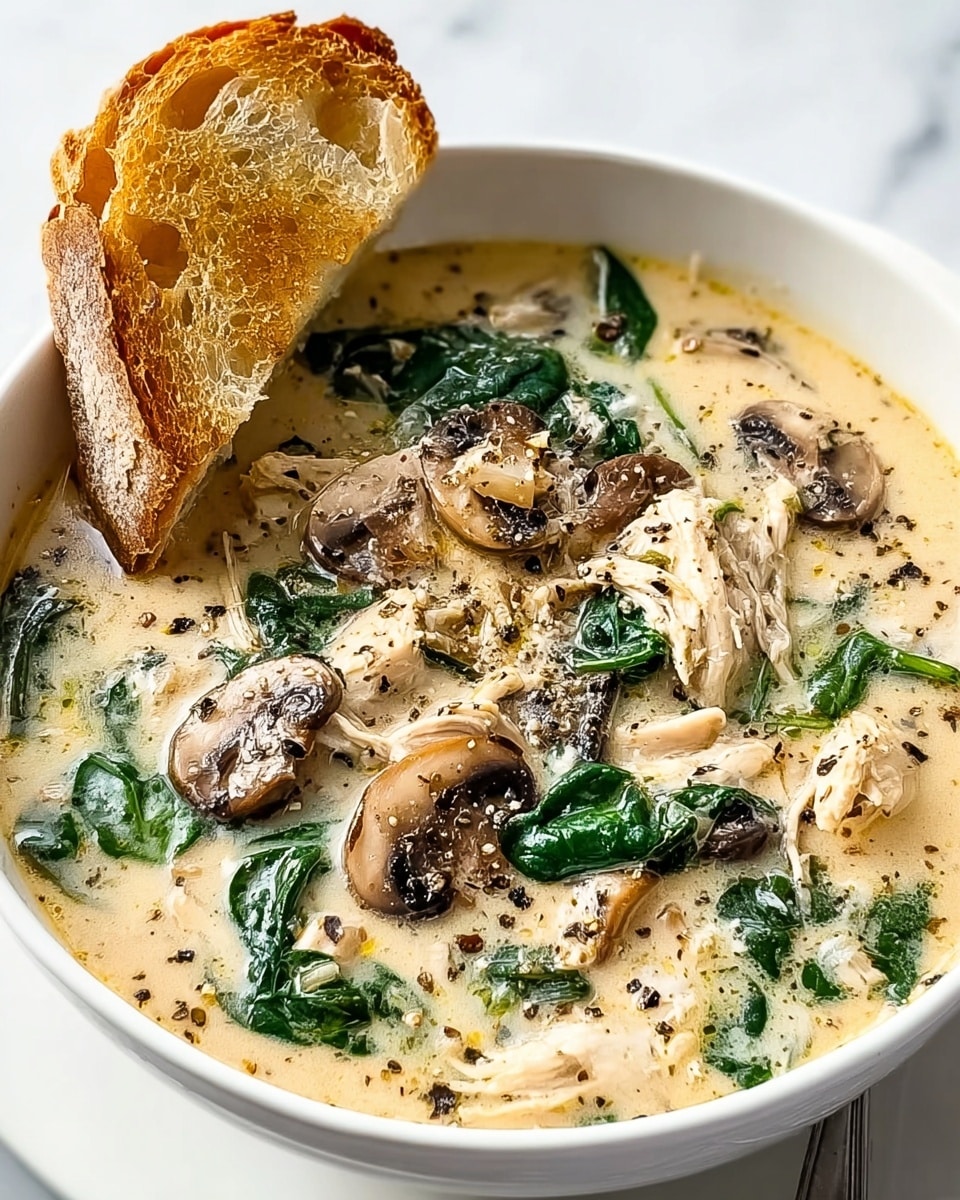 A white bowl with a blue rim pattern is filled with creamy mushroom soup that has visible slices of brown mushrooms, shredded chicken pieces, and chopped greens mixed throughout the light beige broth. On top, a few more browned mushrooms and sprigs of fresh herbs are scattered evenly. A gold spoon rests inside the bowl at the front. Next to the bowl, torn pieces of rustic white bread lay on a white marbled surface. photo taken with an iphone --ar 4:5 --v 7
