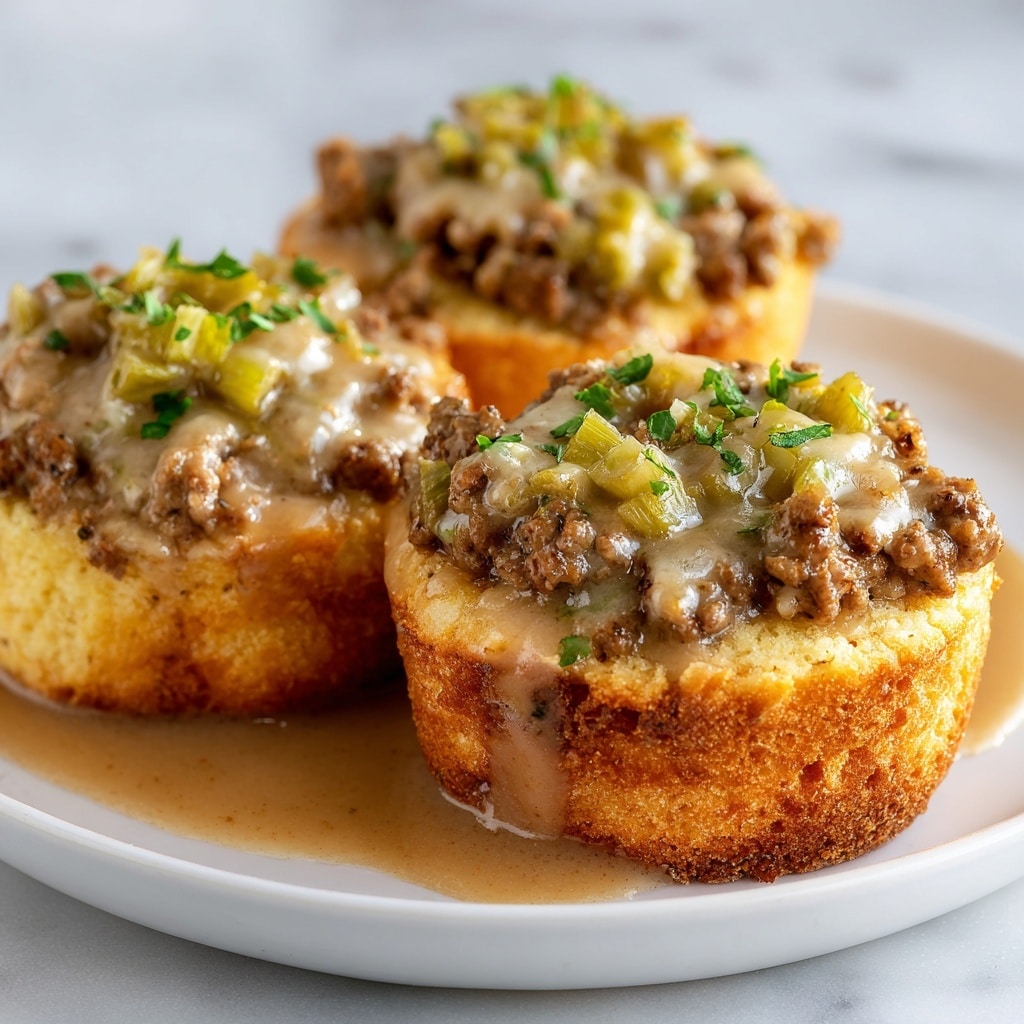 The image shows three stuffed cornbread muffins placed on a white plate, sitting on a white marbled surface. Each muffin has a golden-brown crust with a soft, slightly crumbly texture inside. They are topped with a generous layer of cooked ground meat mixed with small cooked celery pieces, herbs, and melted cheese, which is light brown and slightly bubbly. Small green herb flakes are sprinkled on top for garnish. The muffins are arranged close to each other with a shallow depth of field, focusing on the front muffin. photo taken with an iphone --ar 4:5 --v 7
