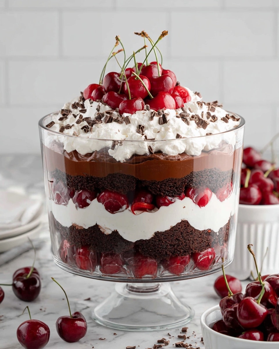 The image shows a tall, clear glass trifle bowl filled with multiple layers of dessert. Starting from the bottom, there is a dark chocolate cake layer, followed by a thick layer of chocolate pudding. Above the pudding is a layer of bright red cherries, then a thick spread of white whipped cream, another layer of dark chocolate cake, and a second layer of chocolate pudding covers the cake evenly. More cherries fill the next layer, topped with a large, fluffy layer of white whipped cream decorated with small dark chocolate shavings. On top of the whipped cream, a cluster of fresh red cherries with stems is placed as a garnish. The dessert is set against a white marbled surface, with scattered fresh cherries and a white bowl of cherries to the side. photo taken with an iphone --ar 4:5 --v 7