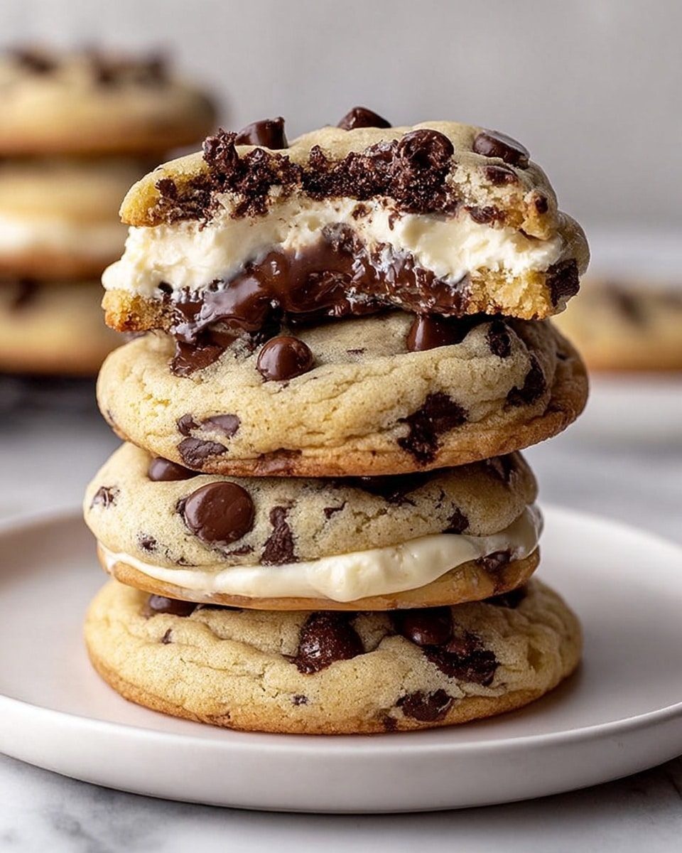 The image shows many soft, round cookies with a golden-brown bottom layer and a creamy white top layer studded with dark chocolate chips. One cookie is broken in half, revealing three visible layers: a darker brown crisp bottom, a thick creamy white middle with smooth texture, and a soft, pale top layer embedded with melted chocolate chips. The cookies are scattered on a white marbled surface with extra chocolate chips around them, enhancing the rich look of the dessert. Photo taken with an iphone --ar 4:5 --v 7