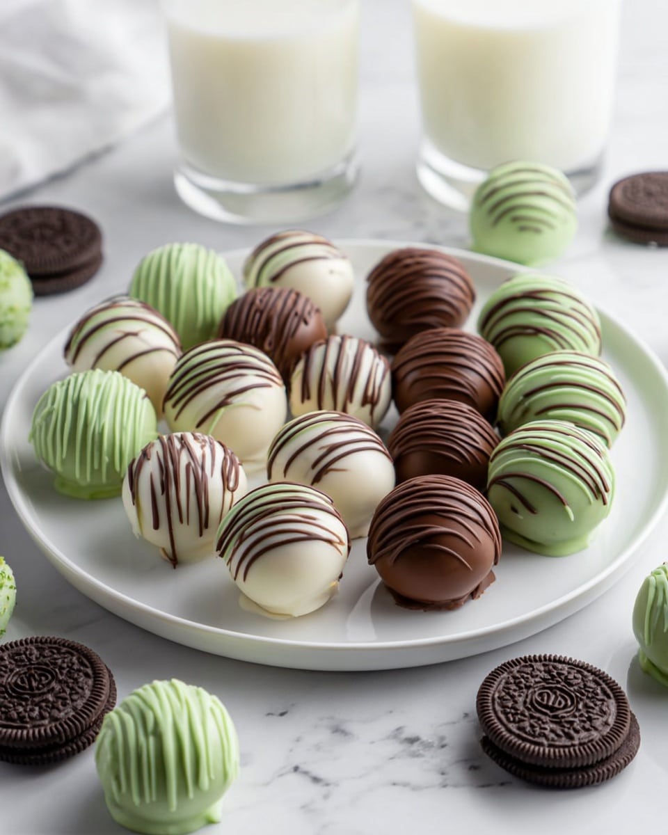 The image shows round truffles coated in a smooth pale green shell with thin green drizzle over the top and sprinkled with dark brown crumbs. The front truffle is cut in half, revealing multiple layers inside: a thin, dark chocolate outer layer, a creamy light green filling, a crunchy layer with green mint chips, and a dark chocolate center. The truffles are placed on a white marbled surface with a white plate holding more truffles blurred in the background. There are broken cookie pieces scattered around the truffles and a visible whole sandwich cookie resting on the right side. Photo taken with an iphone --ar 4:5 --v 7