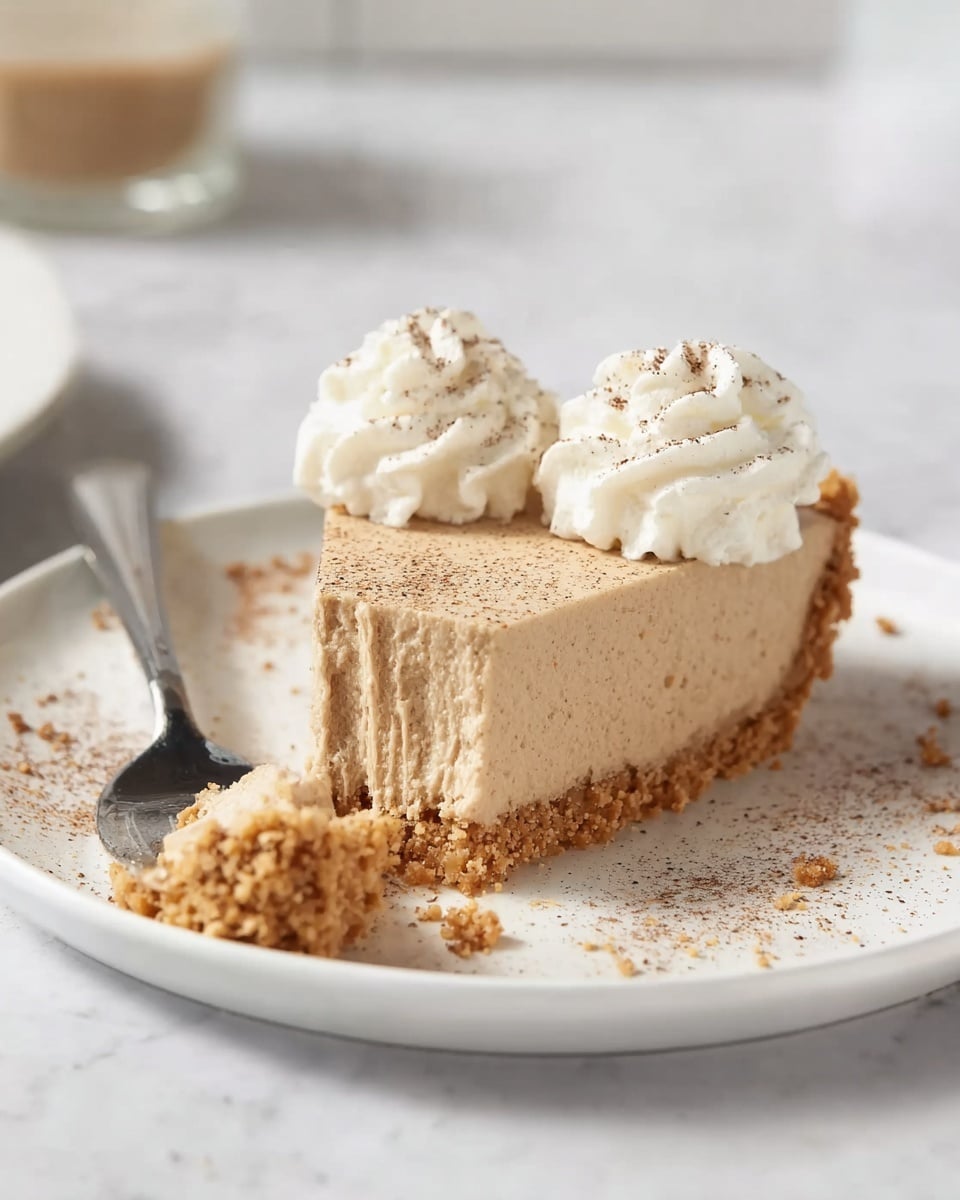 This image shows a creamy beige pie with a crumbly light brown crust in a shiny silver foil pie dish. The pie has one slice cut out, revealing a smooth and thick beige filling in two layers: a darker bottom layer and a lighter top layer. Around the edge, there are evenly spaced dollops of whipped cream colored white with a light dusting of brown cocoa powder or cinnamon on top. The pie sits on a wooden board placed on a white marbled surface, with some coffee beans scattered nearby. In the background are a few shiny forks and a stack of white plates, one with a piece of the pie on it. Photo taken with an iphone --ar 4:5 --v 7