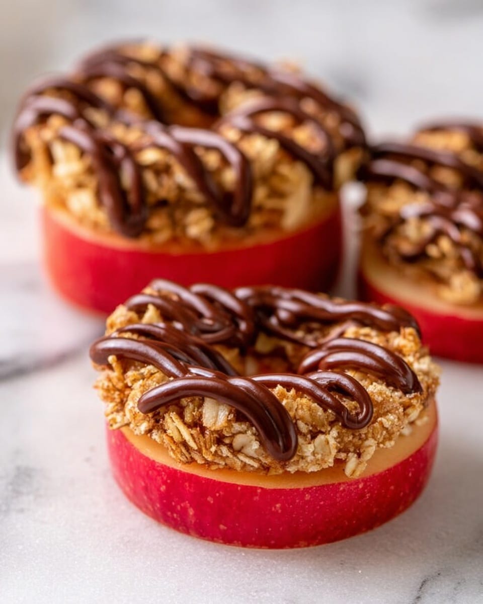 The image shows three round treats made from thick apple slices as the bottom layer, bright red with smooth skin. On top of the apple slices is a second layer of crumbly, light brown granola or oat mixture that looks crunchy. Each treat is decorated with dark brown chocolate drizzled unevenly over the granola layer. The treats are placed on a white marbled surface, with one in front fully visible and two stacked behind it, slightly out of focus. The lighting highlights the texture contrasts between the juicy apple, crunchy granola, and smooth chocolate. photo taken with an iphone --ar 4:5 --v 7