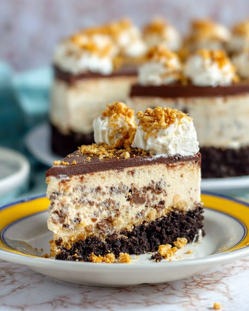 The image shows a round cheesecake with several layers sitting on a white plate with a scalloped edge. The bottom layer is a dark chocolate crust, followed by a thick middle layer of creamy, light beige cheesecake with specks of chocolate. The top layer is a smooth, thin dark chocolate glaze. The edge of the top is decorated with a ring of white whipped cream piped in swirls. The surface of the cheesecake is sprinkled with crushed golden toffee and chocolate pieces, also scattered around the base on the plate. The background has a white marbled texture with blurred yellow and turquoise items visible. Photo taken with an iphone --ar 4:5 --v 7