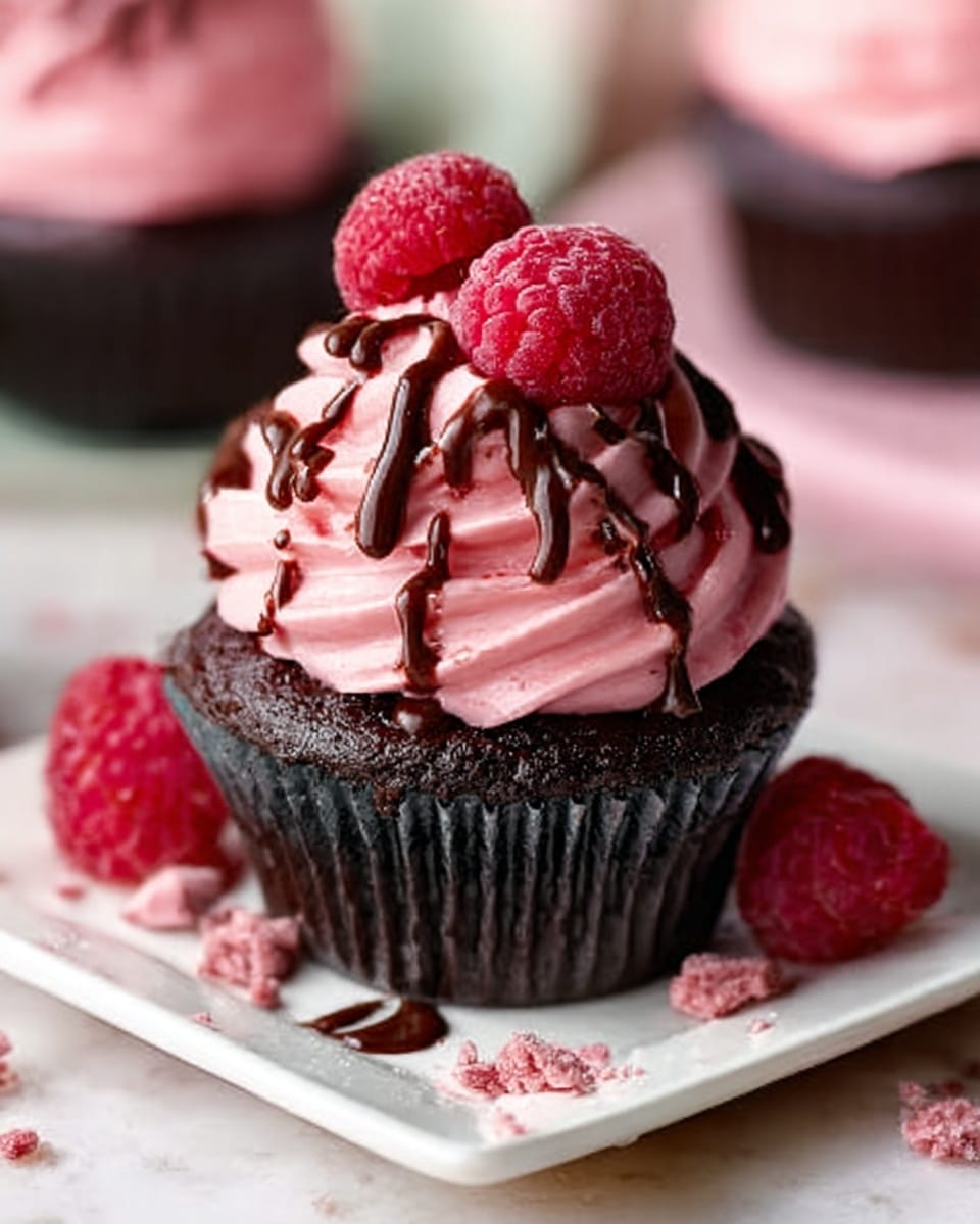 The image shows dark chocolate cupcakes with smooth, pink frosting swirled on top. Each cupcake has one fresh raspberry placed in the center of the frosting. One cupcake is open from the side, revealing moist, dark chocolate cake inside with a rich texture. The cupcakes are placed on a white marbled surface with a white plate under them. Around the cupcakes are scattered fresh raspberries and some green mint leaves, adding color. In the background, there is a soft focus of more cupcakes and pink frosting tools. A woman's hand is touching one cupcake slightly. photo taken with an iphone --ar 4:5 --v 7