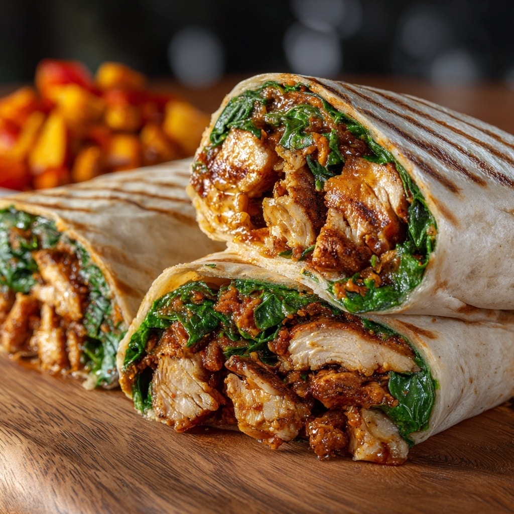 The image shows a close-up of a wrap cut in half, placed on a wooden surface with a blurred pile of diced vegetables in the background. The wrap has a lightly toasted beige tortilla with brown grill marks. Inside, there are visible layers of juicy grilled chicken pieces with a golden-brown spicy sauce, bright green leafy spinach, and some scattered fresh herbs. The wrap is tightly rolled, showing a thick filling packed with saucy, tender meat and fresh greens. Photo taken with an iphone --ar 4:5 --v 7