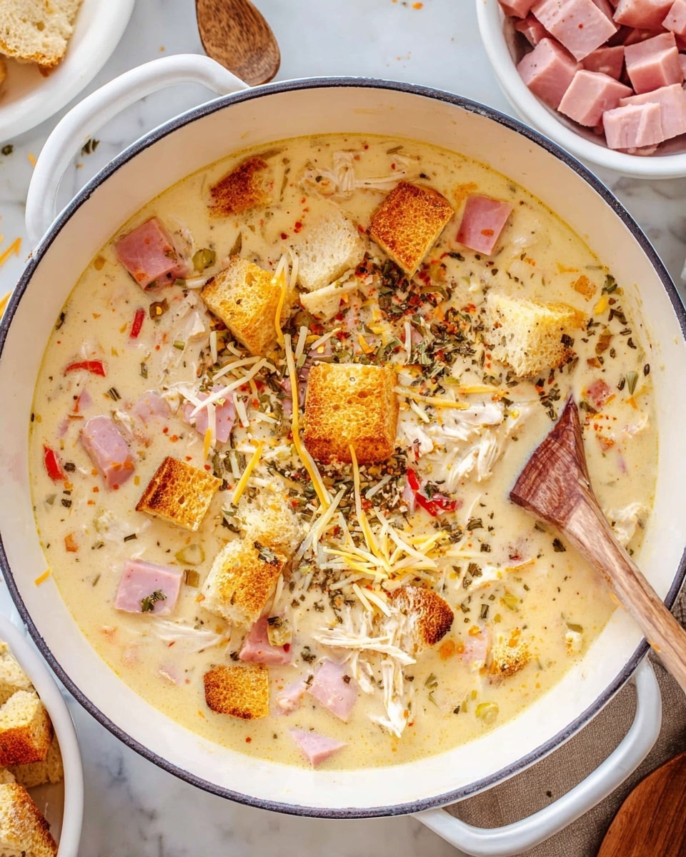 A white pot filled with a creamy, pale yellow soup base that has chunks of light pink ham scattered throughout. On top, there are several golden-brown croutons and some shredded pale yellow cheese melting slightly into the soup. There are also light brown pieces of shredded chicken and small bits of red pepper adding spots of color. Dried green herbs are sprinkled across the surface, with some paprika dusted for a reddish touch. A wooden spoon with a smooth texture rests inside the pot, partially stirring the soup. The pot sits on a white marbled surface, with a white bowl containing more diced pink ham visible in the corner. photo taken with an iphone --ar 4:5 --v 7