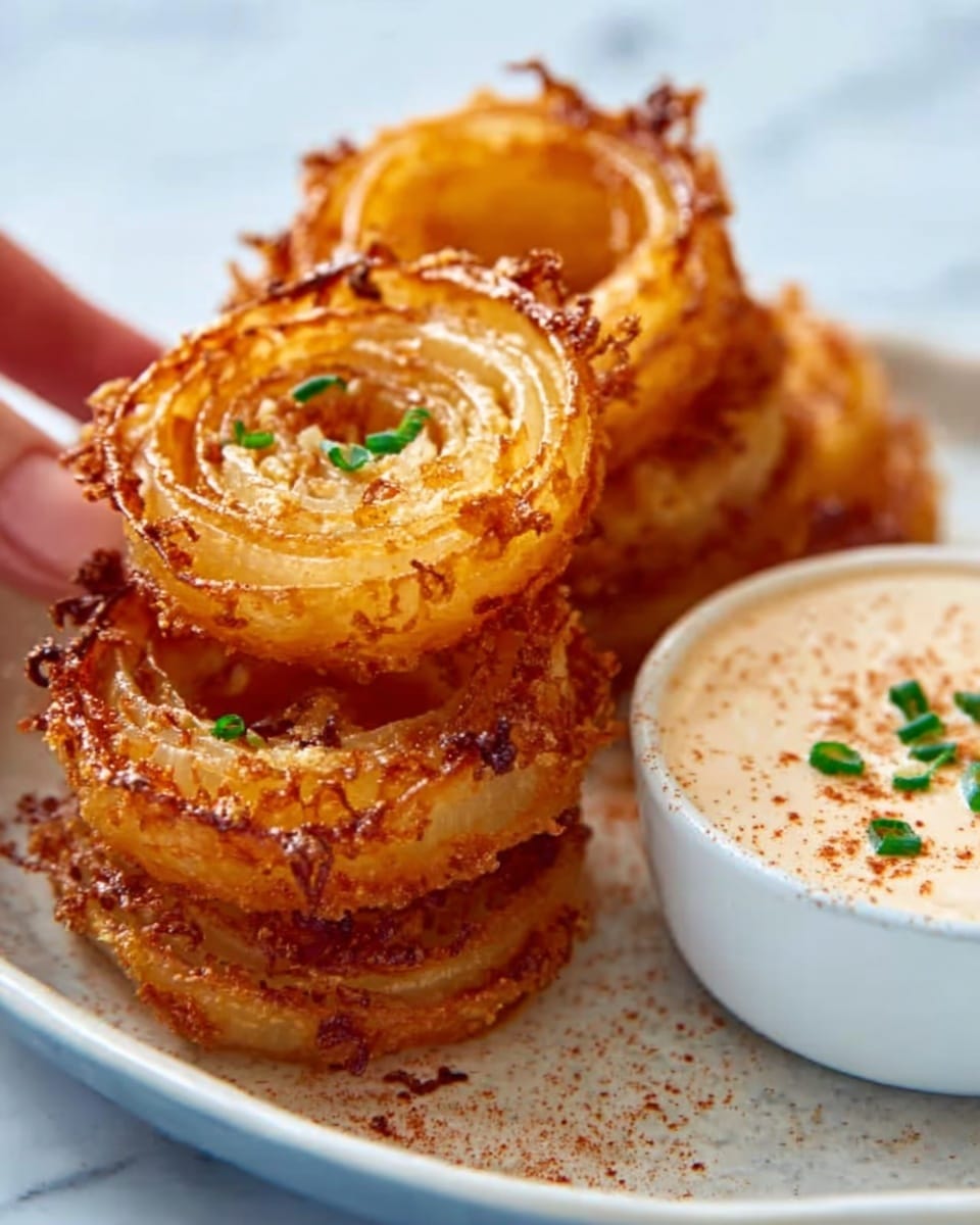 The image shows a close-up of a crispy, golden-brown spiral potato chip held by a woman's hand above a group of similar chips placed on a white plate. The chips are thin, curled in spirals, and lightly sprinkled with a dusting of seasoning or salt, giving them a textured look. Next to the chips is a small white bowl filled with a creamy white dipping sauce. The background has a white marbled texture, and the lighting highlights the crispiness and golden color of the chips, making them look warm and freshly cooked. photo taken with an iphone --ar 4:5 --v 7