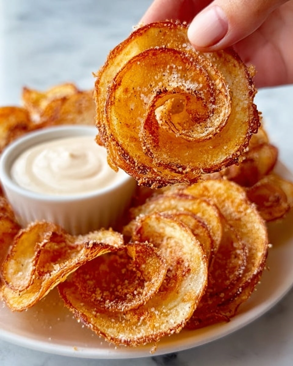 The image shows three golden brown, crispy onion rings placed closely together, each onion ring clearly showing its layered texture with a slightly caramelized surface. Next to the onion rings is a small white bowl filled with a creamy, light beige sauce speckled with reddish seasoning and topped with small green chive pieces. A woman's hand is touching one onion ring, and the scene is set on a white marbled surface. Photo taken with an iphone --ar 4:5 --v 7