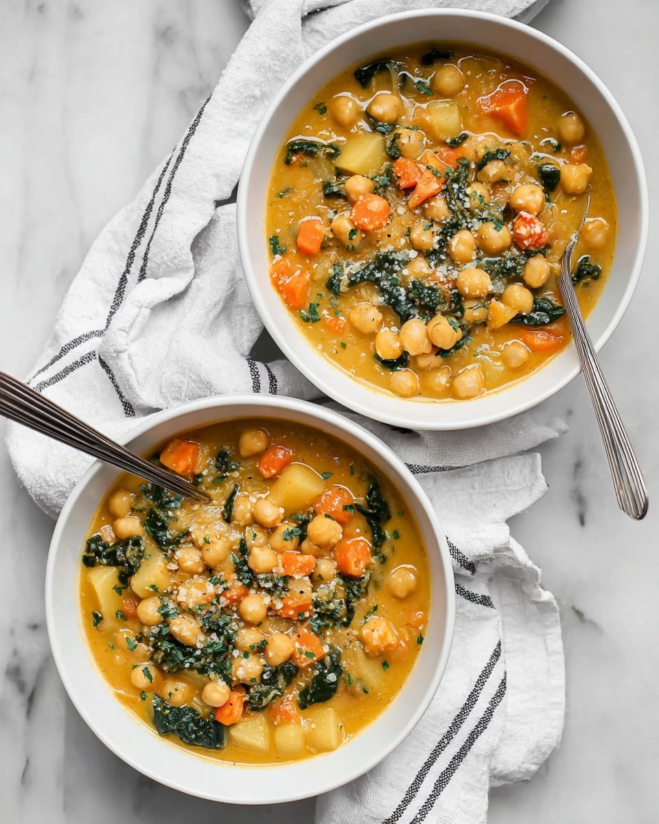 Two white bowls are filled with thick, creamy chickpea stew, showing layers of soft chickpeas, small orange carrot pieces, light yellow potato chunks, and wilted dark green spinach mixed in a smooth yellowish-orange broth. The stew is sprinkled with small bits of white cheese and finely chopped green herbs on top. Each bowl has a silver spoon resting inside. The bowls sit on a white marbled surface with a white cloth that has thin black stripes softly draped between them. photo taken with an iphone --ar 4:5 --v 7