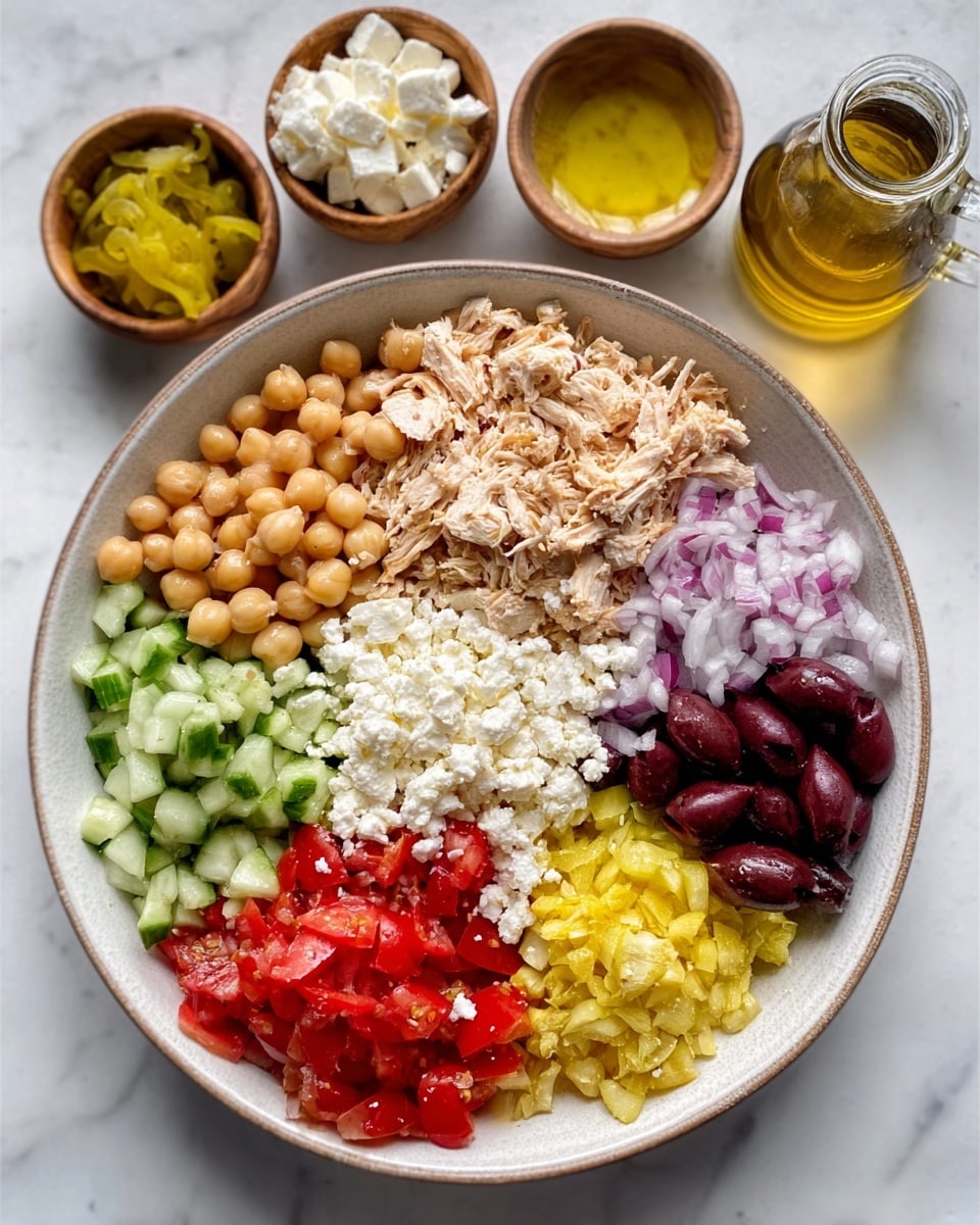 A white bowl filled with a colorful salad featuring three main layers: the base layer of beige chickpeas, the middle layer of mixed red and green diced vegetables like bell peppers and cucumbers, and the top layer of light brown shredded tuna mixed with chopped dark purple olives and fresh green herbs. Two thin lemon slices are placed on the side of the bowl. A silver fork rests inside the bowl on the right side, partially buried in the salad. The bowl sits on a white marbled textured surface with some green herb leaves scattered nearby. photo taken with an iphone --ar 4:5 --v 7