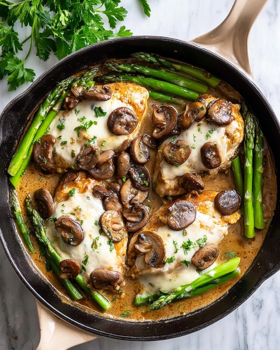 In a black cast iron skillet with a beige handle, there are four pieces of chicken breasts covered with melted white cheese. The chicken is topped with brown sautéed mushroom slices and surrounded by a glossy light brown sauce. Bright green asparagus spears are placed around and over the chicken, adding fresh color contrast. The skillet sits on a white marbled surface with green parsley leaves in the top left corner. Photo taken with an iphone --ar 4:5 --v 7