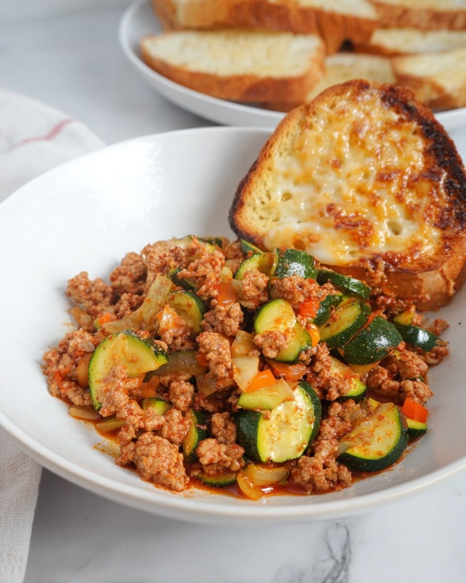 A white plate holds a serving of cooked ground meat mixed with sliced green zucchini, small pieces of orange bell pepper, and bits of onion, all coated in a reddish sauce, creating a colorful and textured mix at the center bottom of the plate. Behind this, leaning against the food, is a single toasted slice of bread with a golden-brown, crispy surface and a layer of melted cheese visible on top. The plate rests on a white marbled surface, and in the background, there is a white plate with two more slices of toasted bread, slightly out of focus. Photo taken with an iphone --ar 4:5 --v 7