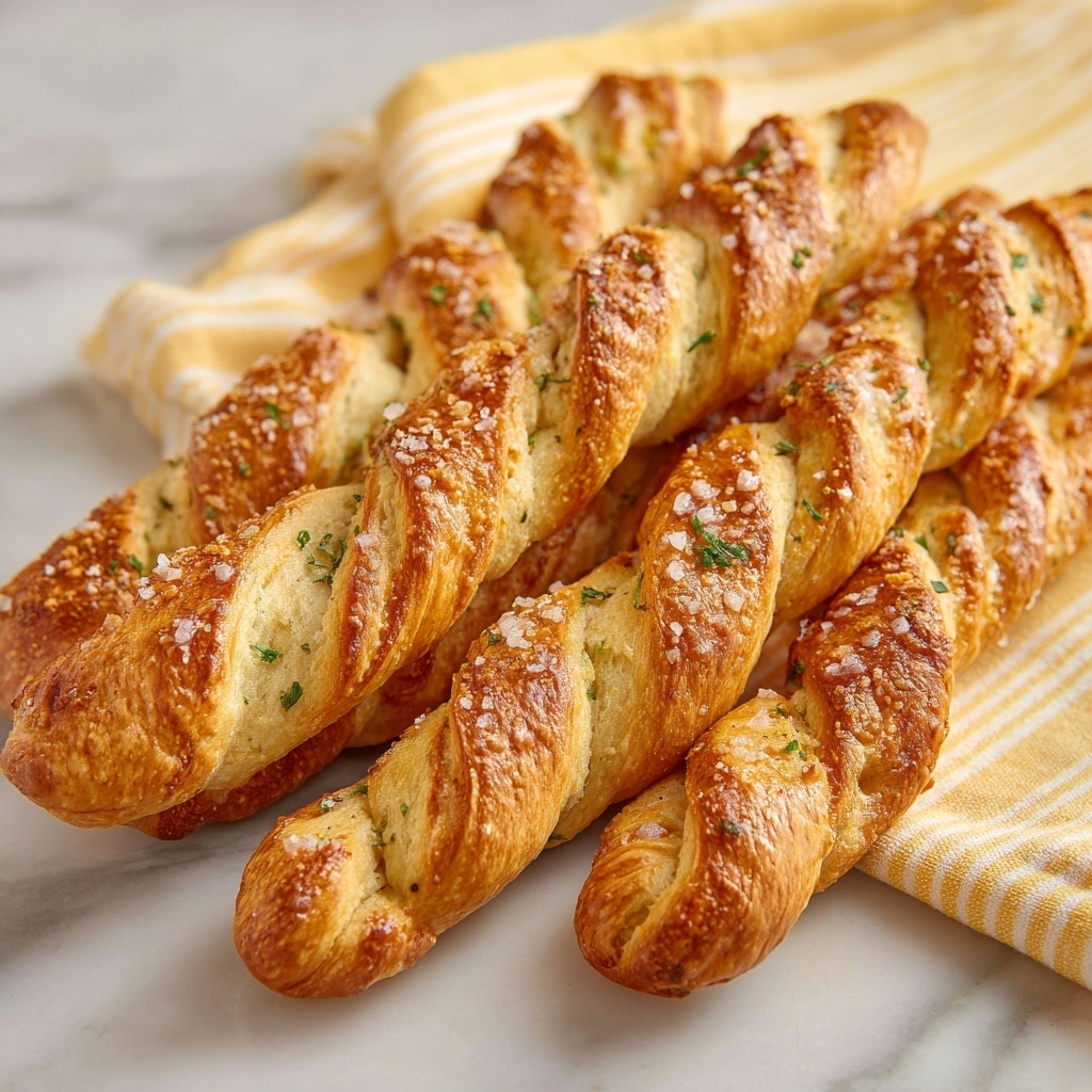 The image shows a group of five golden-brown twisted breadsticks placed standing upright inside a small white basket. Each breadstick has a shiny, crispy crust with small green bits of chopped herbs and coarse salt sprinkled on top, giving a fresh and textured look. The breadsticks have layers of flaky dough twisted tightly with some soft white dough visible through the cracks. The basket sits on a white marbled surface, and a blurred background shows more breadsticks. Photo taken with an iphone --ar 4:5 --v 7