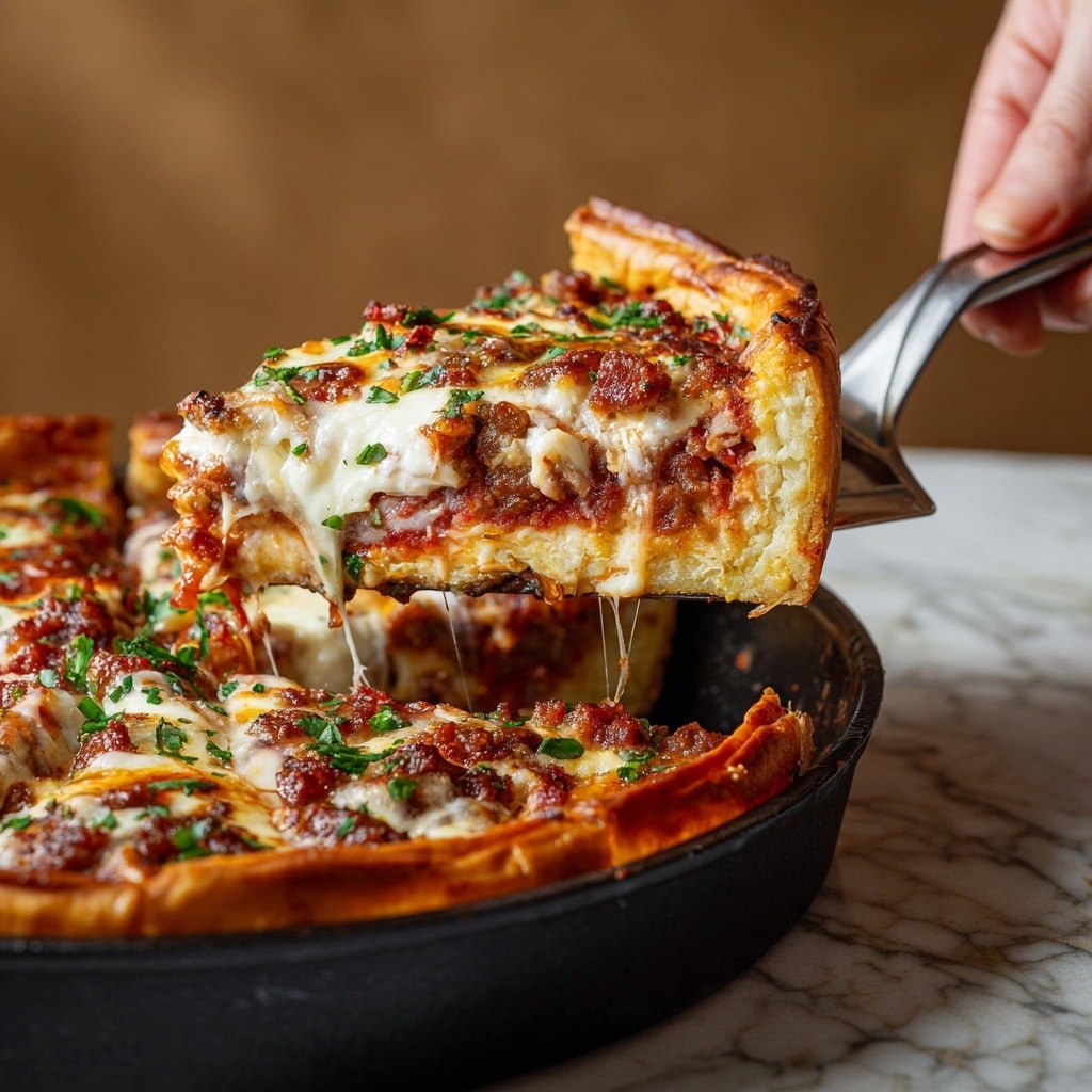 A thick slice of deep-dish pizza is being lifted from a black pan by a silver spatula held by a woman's hand. The pizza slice has multiple layers: a golden, crispy crust at the bottom, a layer of reddish-brown cooked tomato sauce just above the crust, followed by a layer of melted cheese with smooth white and light orange melted spots. On top, there are browned bits of sausage and small pieces of green herbs scattered throughout. The background is slightly blurred with a warm brown tone, and the surface under the pan is changed to a white marbled texture. Photo taken with an iphone --ar 4:5 --v 7