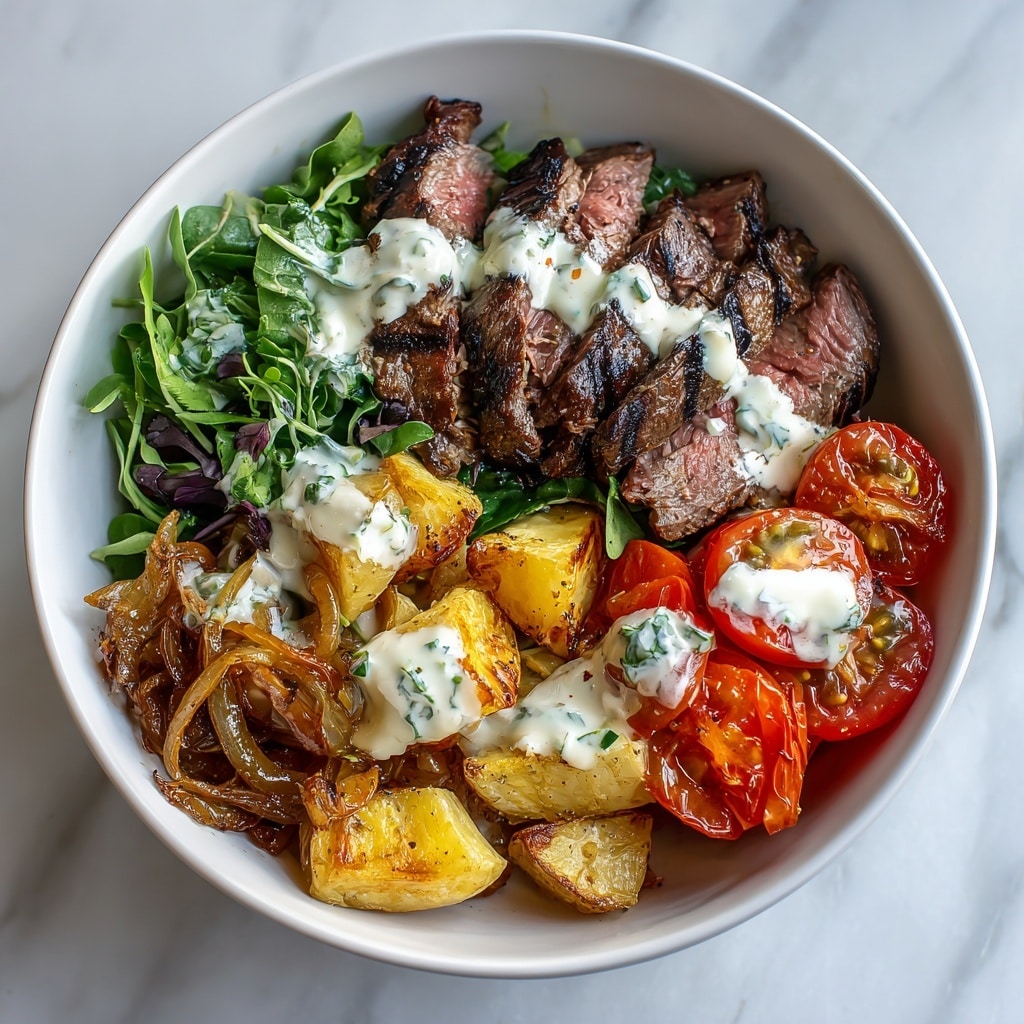A white bowl on a white marbled surface holds a vibrant dish with three main layers: at the bottom, dark green mixed salad leaves providing a fresh base; on one side, shiny, golden-brown roasted potato wedges with a slightly crispy texture; next to them, a heap of caramelized onions with a golden amber color, soft and glossy; and finally, on the top, slices of medium-rare steak showing a pink center with brown grill marks. The whole dish looks warm and hearty with contrasting textures and colors. Photo taken with an iphone --ar 4:5 --v 7
