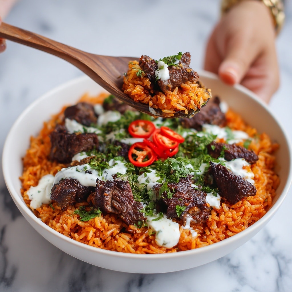 A white bowl filled with bright orange rice forms the base layer, topped with scattered pieces of dark brown grilled meat. On top of the meat, small dollops of white sauce are drizzled unevenly across the dish, alongside chopped fresh green herbs and a few slices of red chili. A wooden spoon held by a woman's hand is lifting some of the rice and meat mixture. The scene is set against a white marbled textured surface. photo taken with an iphone --ar 4:5 --v 7