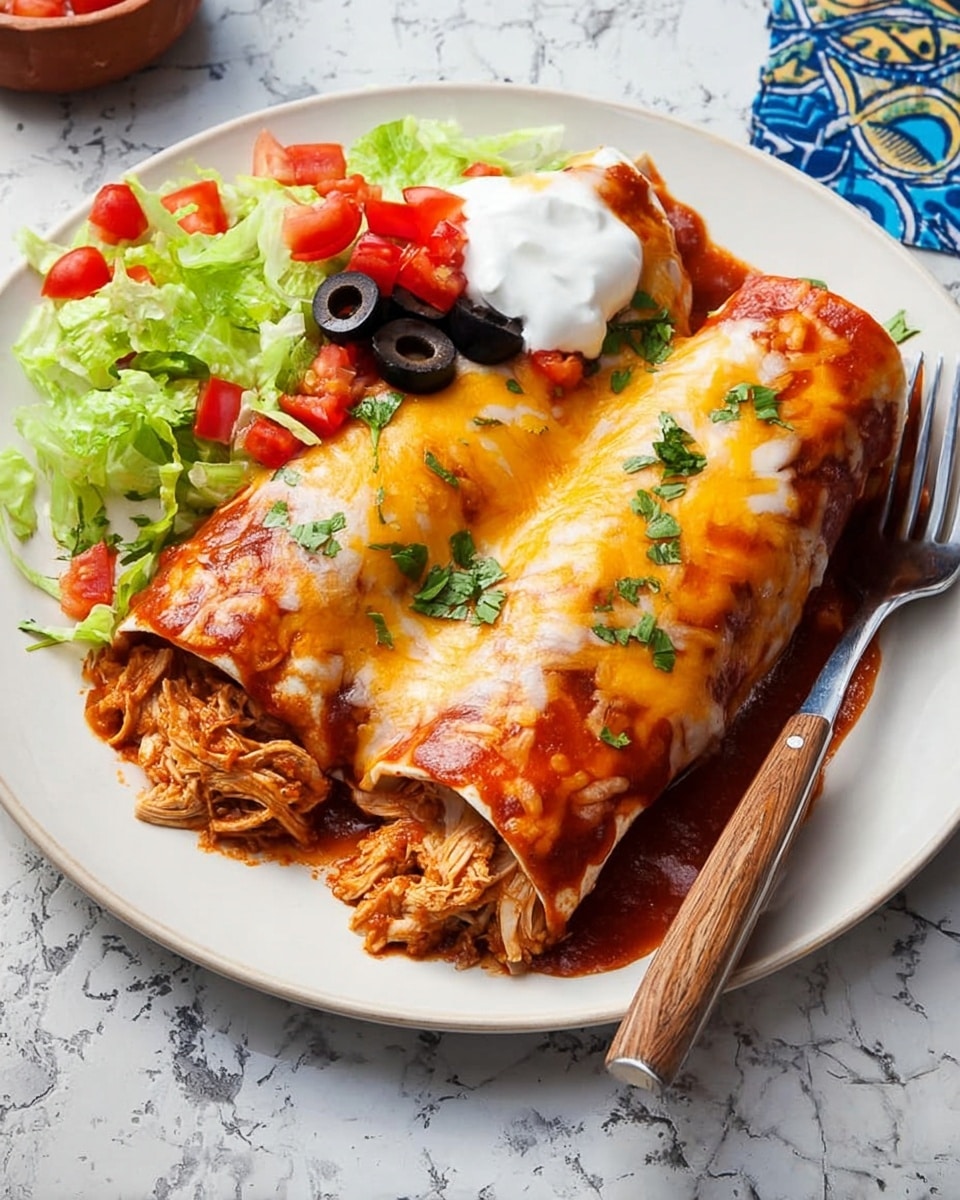 The dish shows two rolled enchiladas filled with shredded chicken on a white plate. The enchiladas are covered with rich red sauce and melted orange and white cheese on top. On one side of the plate, there is a small pile of chopped green lettuce with diced red tomatoes and black olive slices scattered around. A dollop of white sour cream sits on top of the lettuce. A fork with a wooden handle is resting on the plate’s edge, which is on a white marbled surface. Photo taken with an iphone --ar 4:5 --v 7